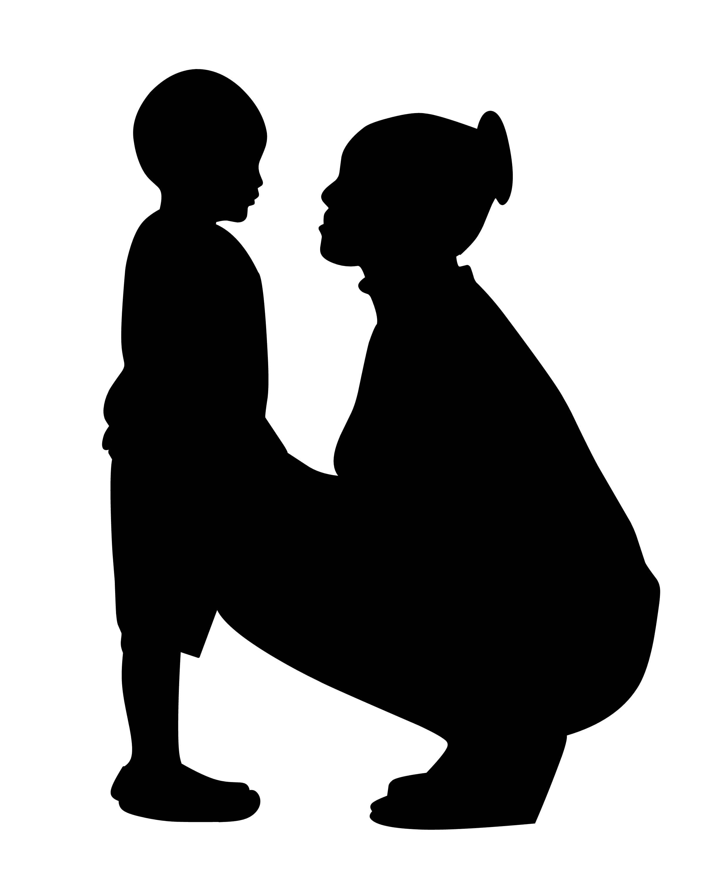 母子剪影藝術 壁紙 — 一個女人蹲下來與一個孩子面對面的剪影，背景為純白色。