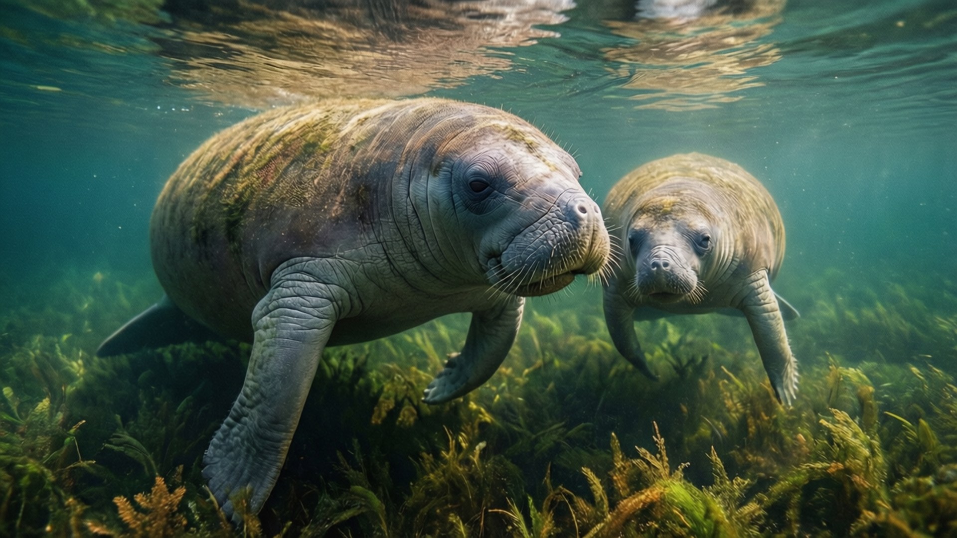 母子海牛 壁紙 — 兩隻海牛在陽光照耀、帶有綠色調的水中，優雅地滑過搖曳的海草床之上。