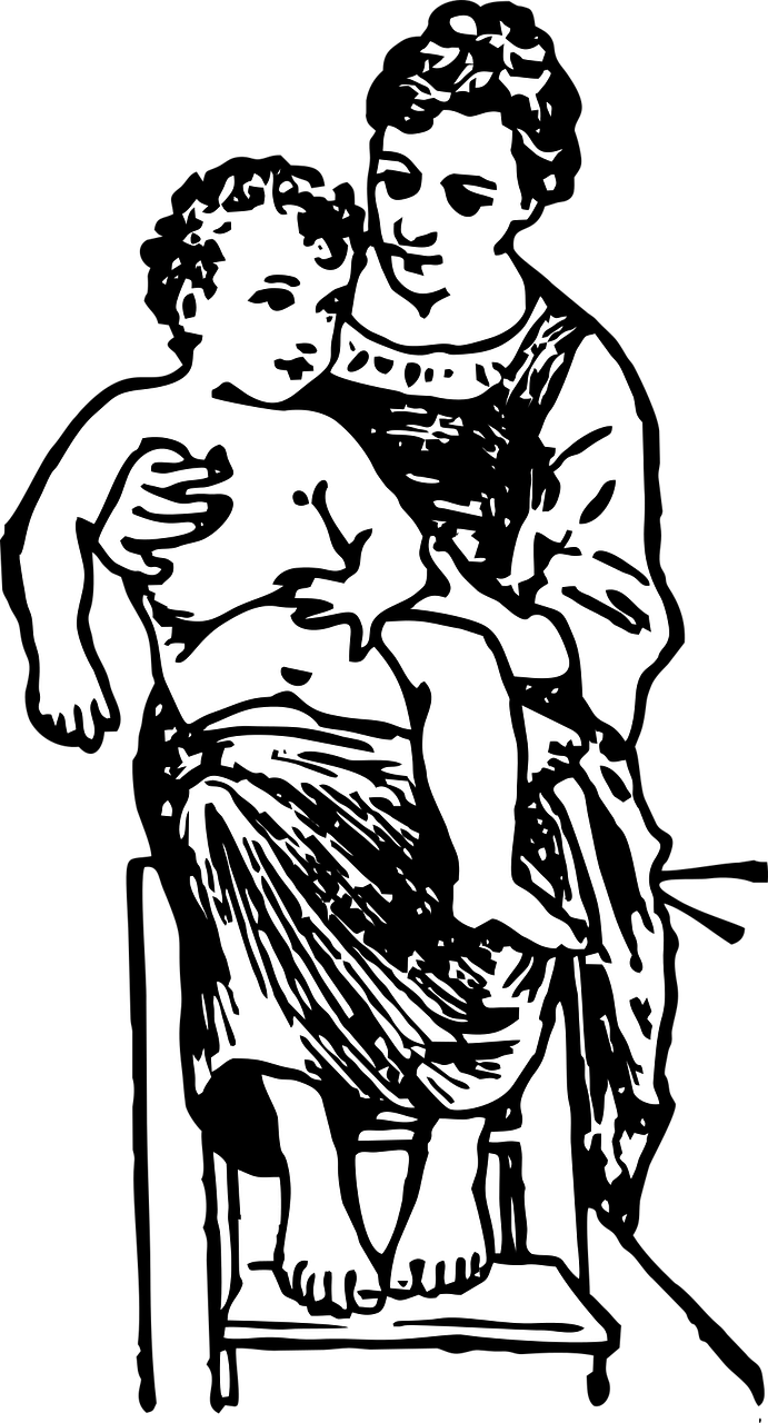 母子溫馨時刻 壁紙 — 一幅黑白線條藝術插圖，描繪母親溫柔擁抱孩子。