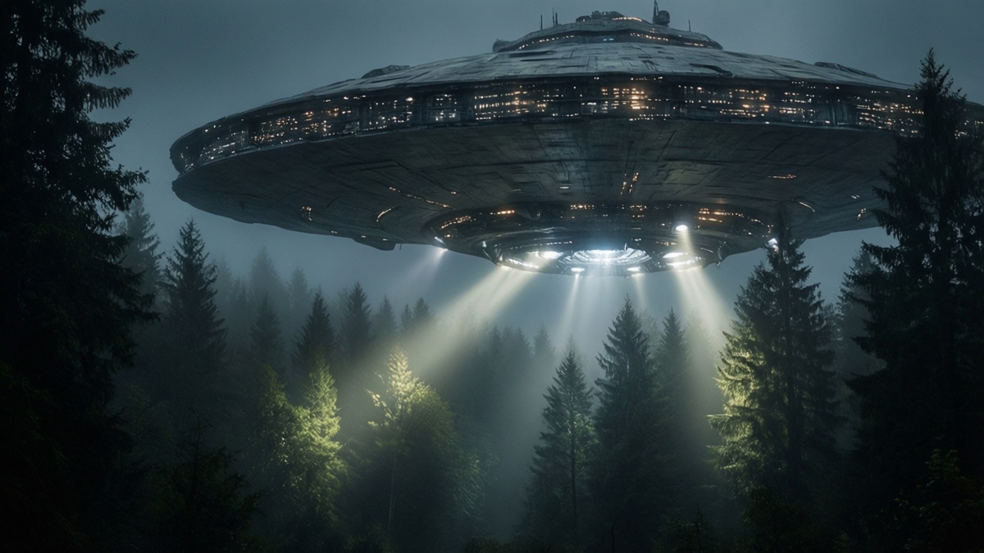 母艦降臨霧林 壁紙 — 一個巨大的UFO懸浮在霧氣瀰漫的森林上空，穿過樹木投射出明亮的光束。