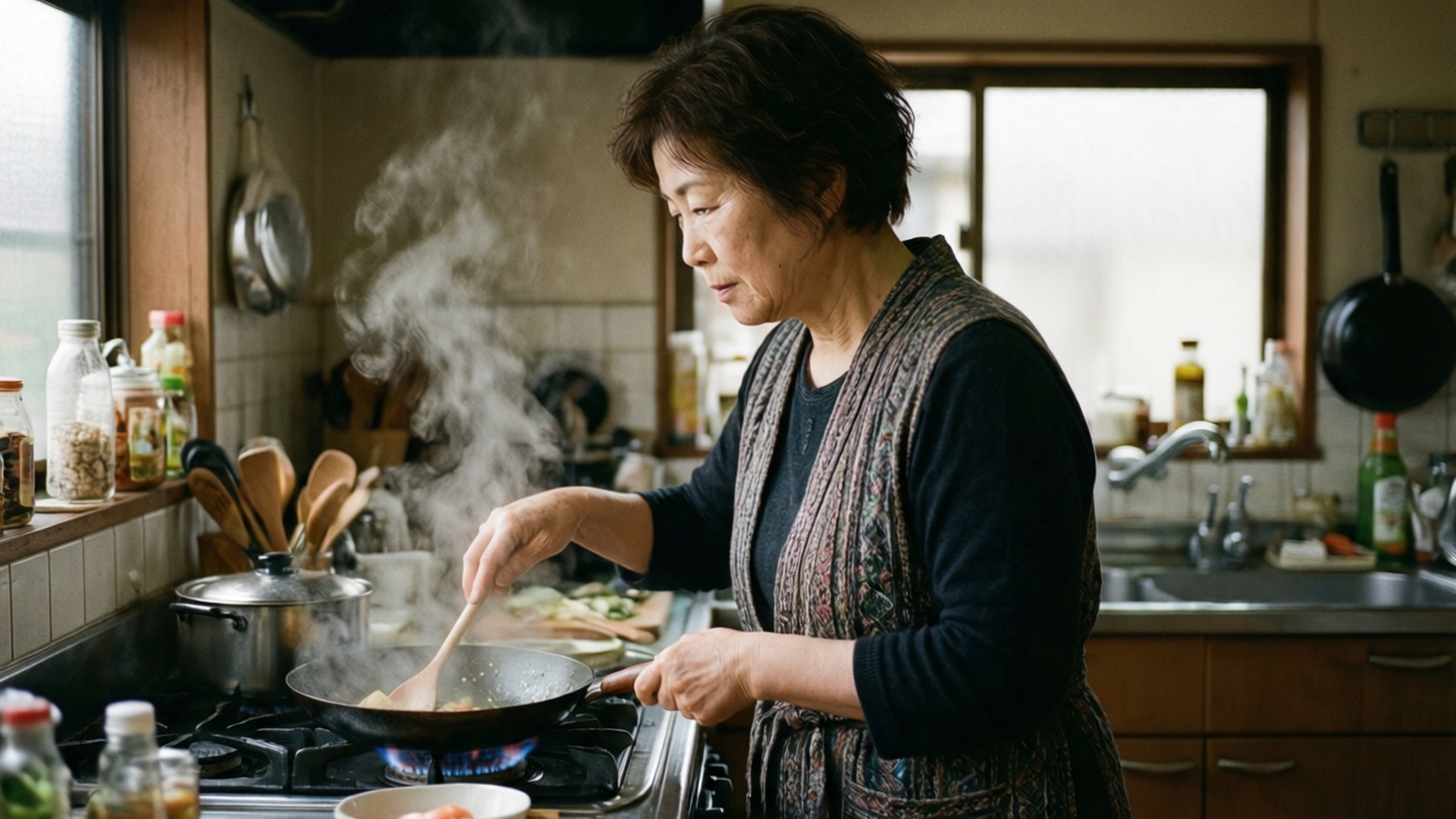 一位年長女性用木勺在家居廚房裡烹飪，平底鍋中升起蒸氣。