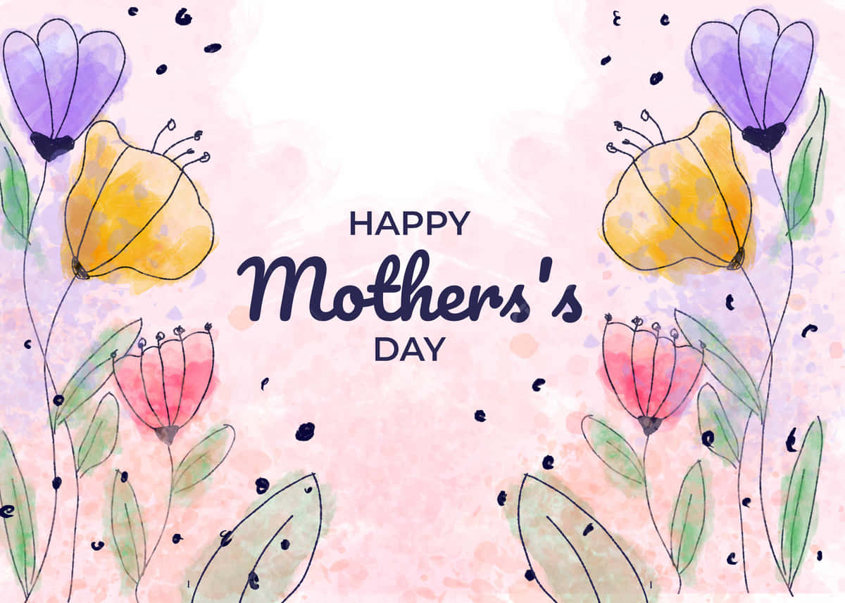 粉紅色背景上帶有水彩花朵和葉子的 Happy Mother's Day 祝福語。