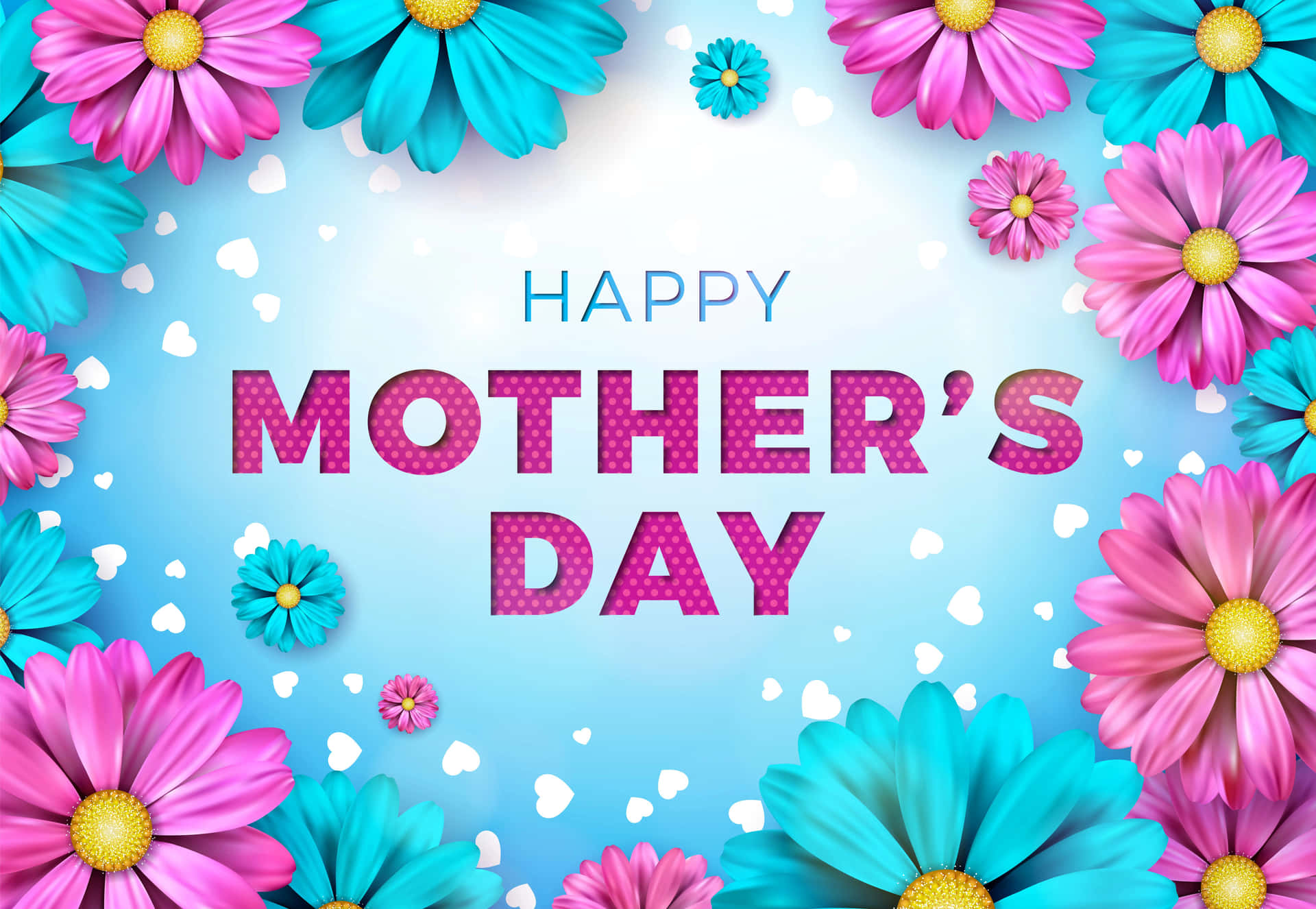 Happy Mother's Day 問候，配有粉紅色和藍色花朵及心形