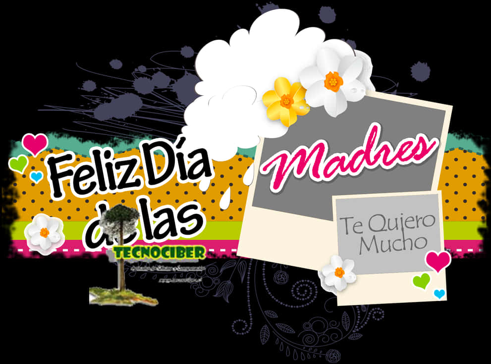 母親節快樂賀卡 壁紙 — 充滿活力的數碼賀卡，帶有「Feliz Día de las Madres」文字、花朵、心形和分層相框，背景為黑色。