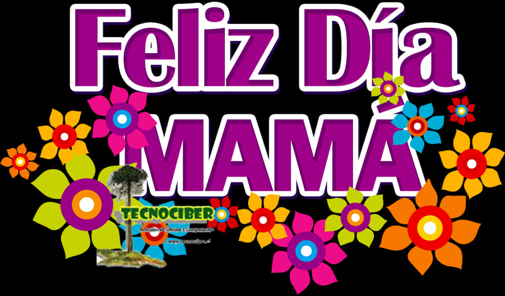 母親節花卉問候圖案 壁紙 — 鮮豔的紫色文字寫著「Feliz Día MAMÁ」，周圍環繞著彩色卡通花朵，背景為黑色。