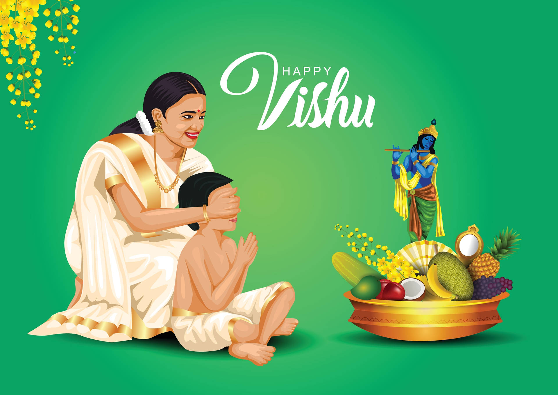 母親在擺有水果和克里希納神的Vishu Kozhikalam旁遮住孩子的眼睛