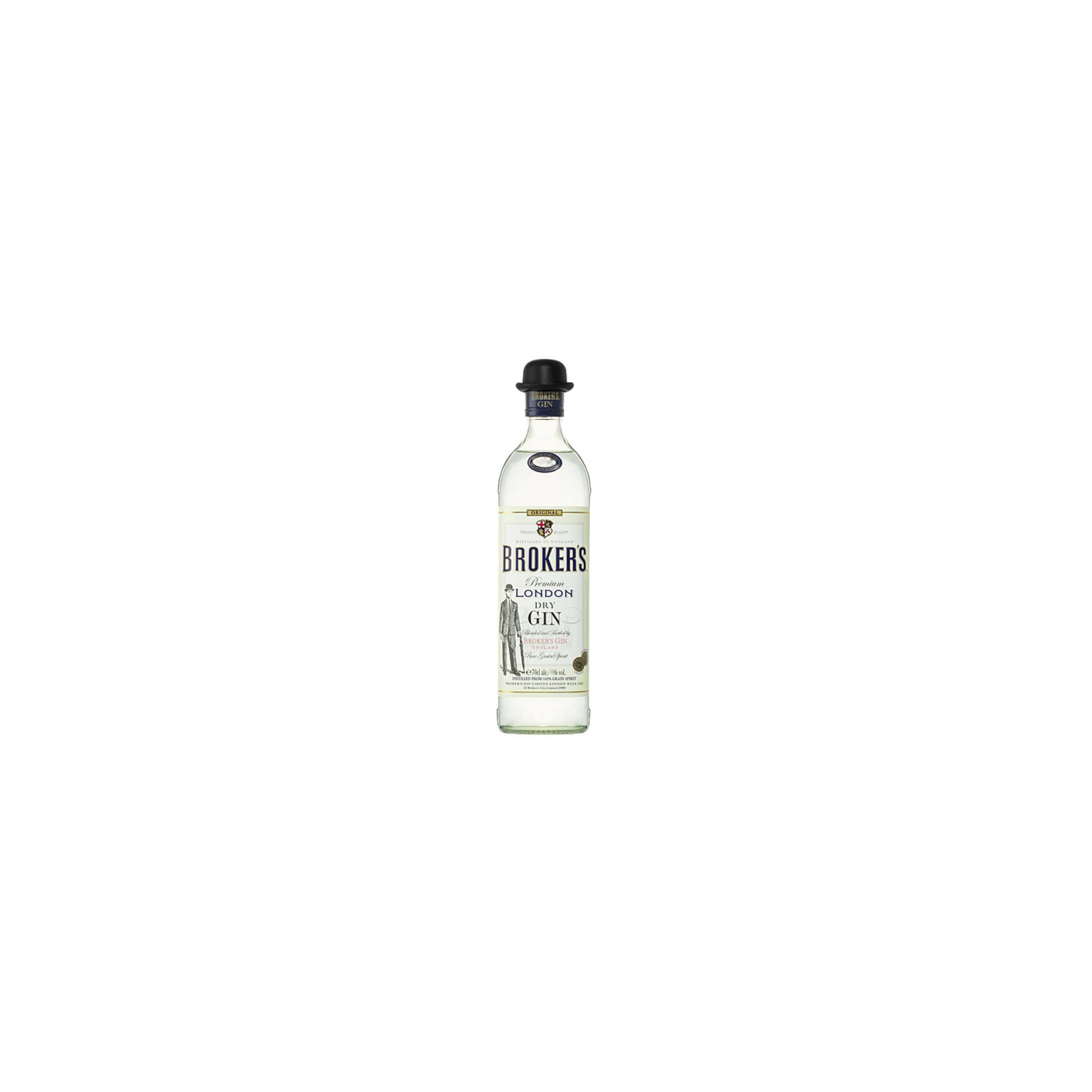 白色背景上的Brokers London Dry Gin酒瓶