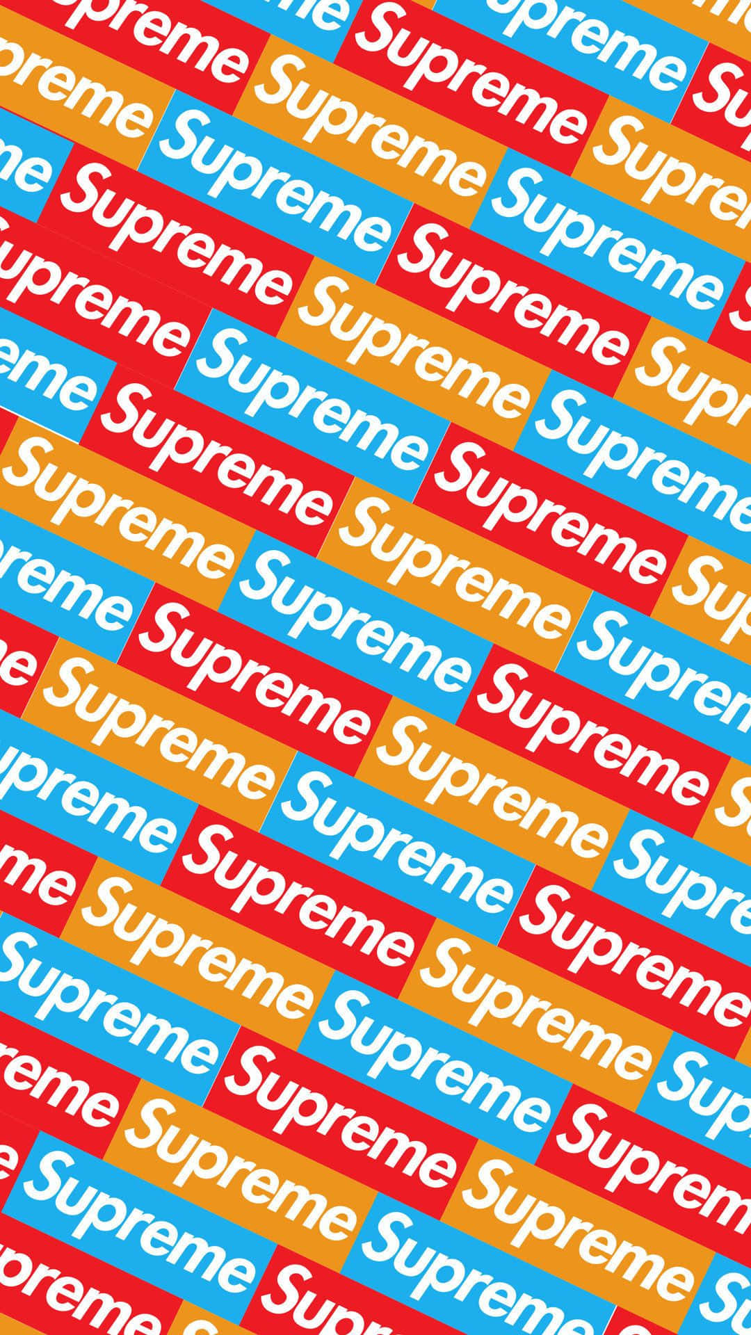 牆紙圖案上紅色、藍色和橙色的醒目重複Supreme標誌。