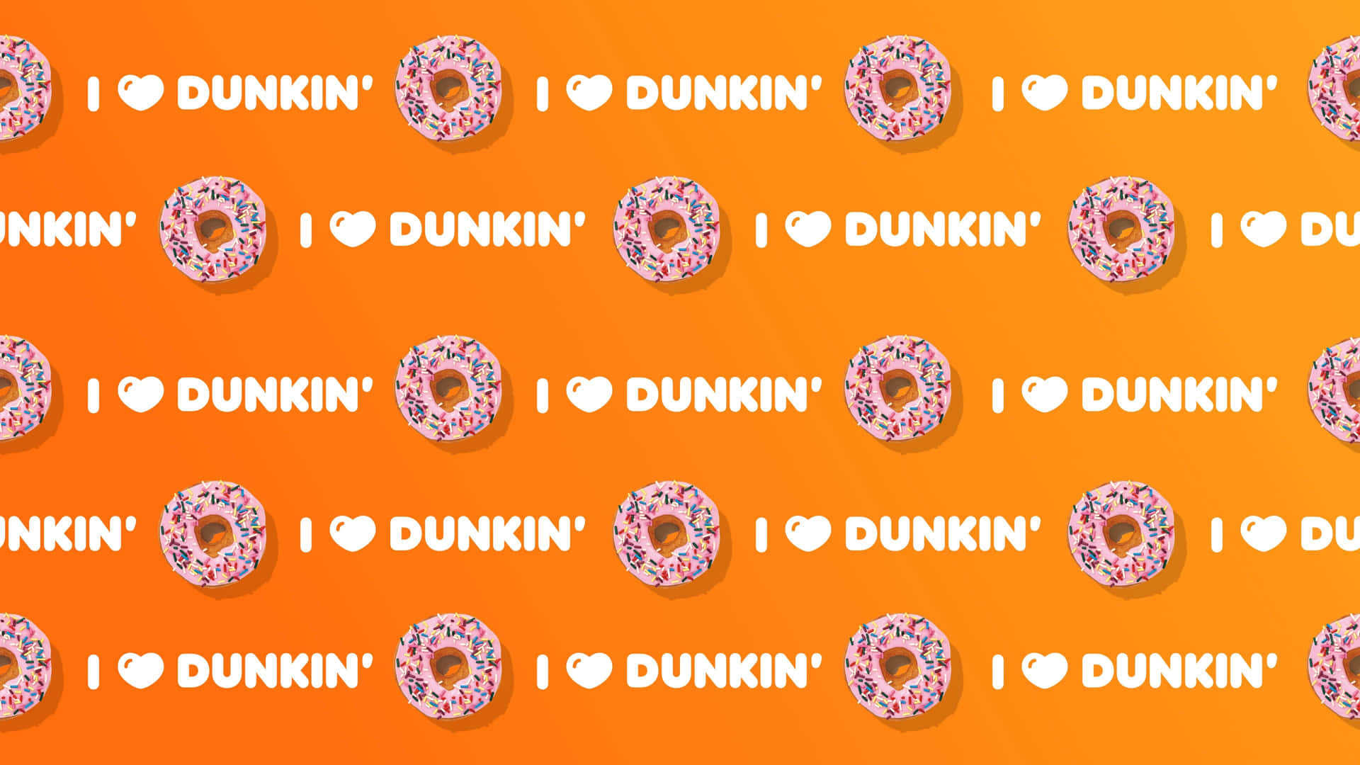 橙色背景，重複的粉紅色糖霜甜甜圈和 I heart Dunkin 文字。