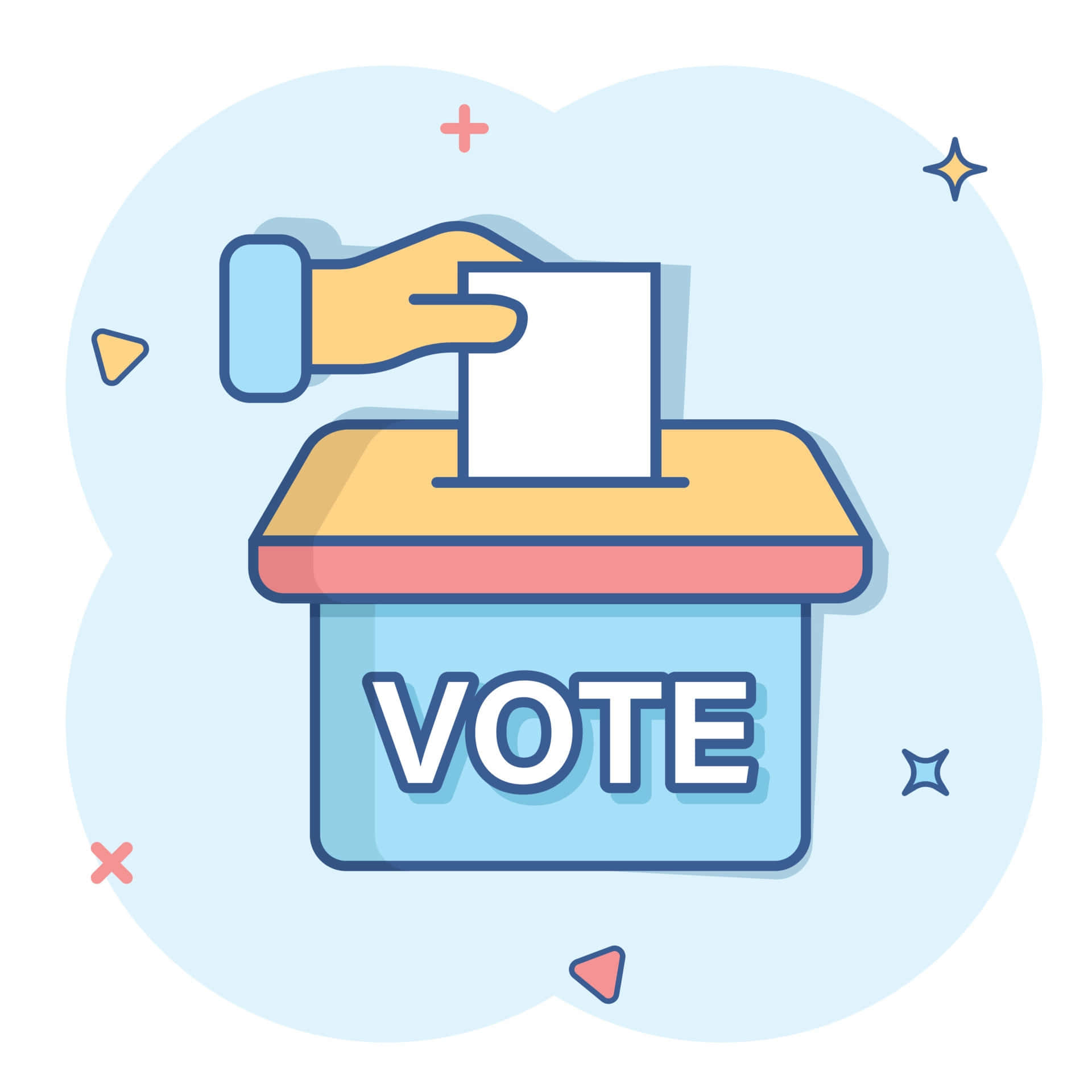 每一票都重要 壁紙 — 一隻風格化的手將選票放入一個標有 VOTE 的藍色投票箱中，背景是柔和的粉彩和有趣的形狀。