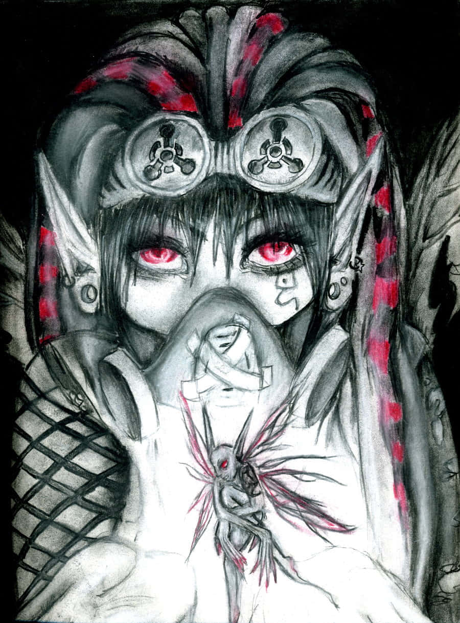 每一筆觸皆為傑作的創作 壁紙 — 一個黑暗動漫風格的角色，擁有發光的紅色眼睛和防毒面具，在黑色背景前抱著一個紅色翅膀的小生物。