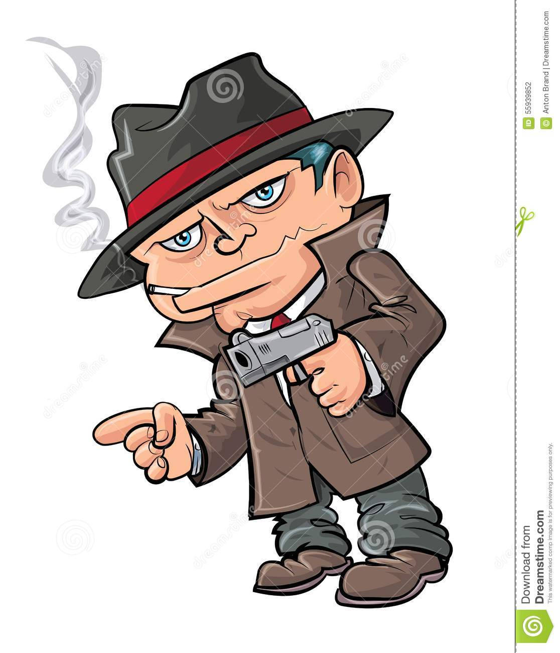 戴軟呢帽的卡通黑幫抽煙時用槍指著。