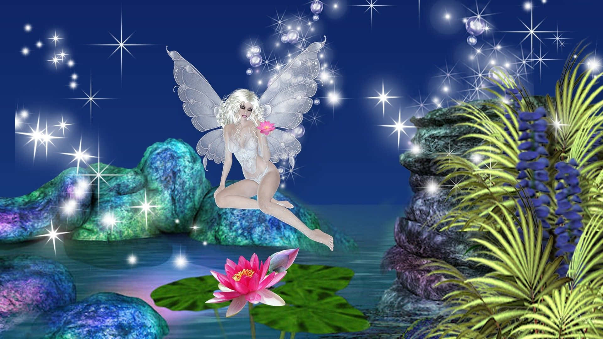 仙子帶住發光翅膀，喺星空下漂浮喺一個有粉紅色蓮花嘅池塘上面。