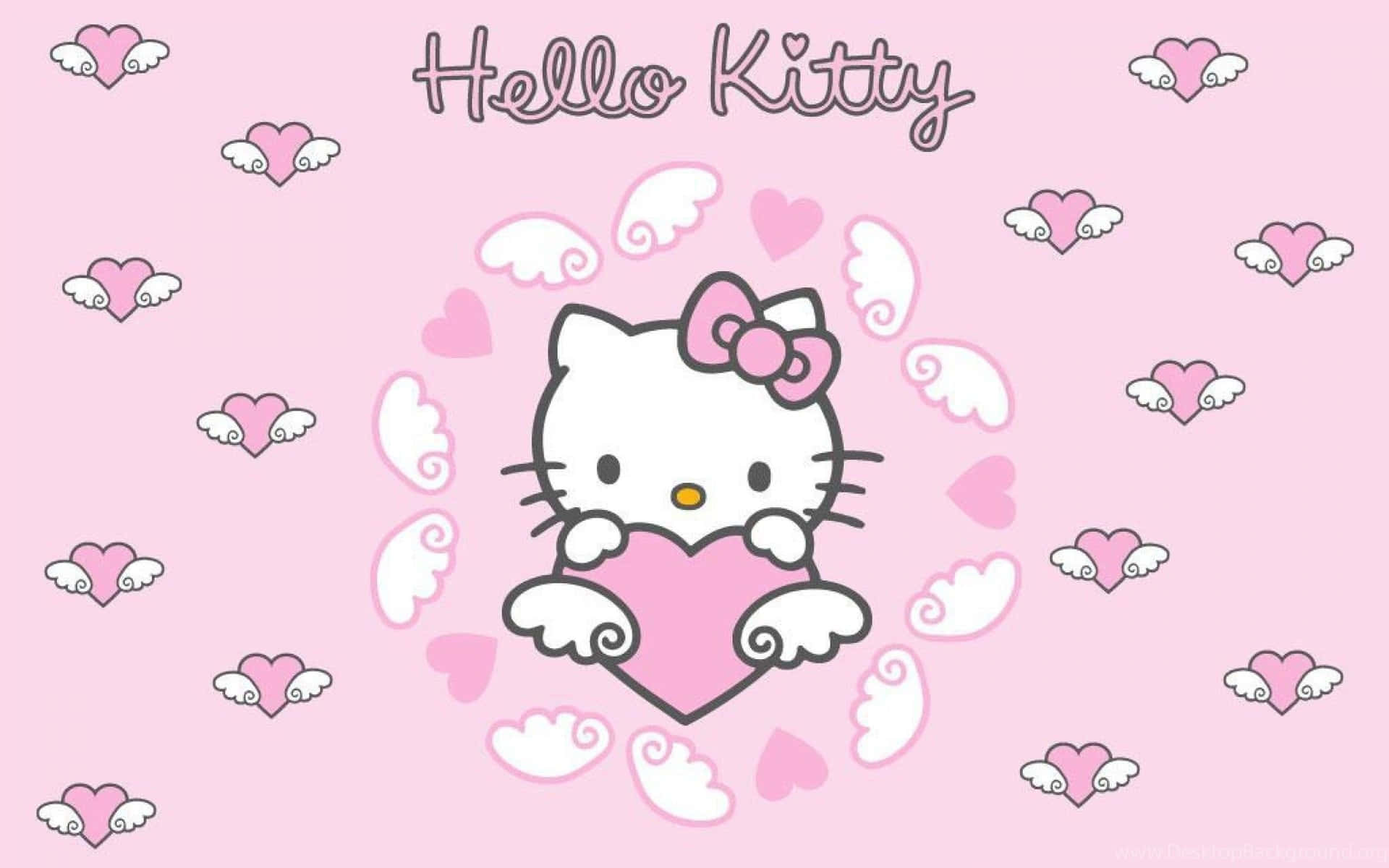 Hello Kitty 帶著天使翅膀，手持一個被漂浮的心形包圍的粉紅色心形。