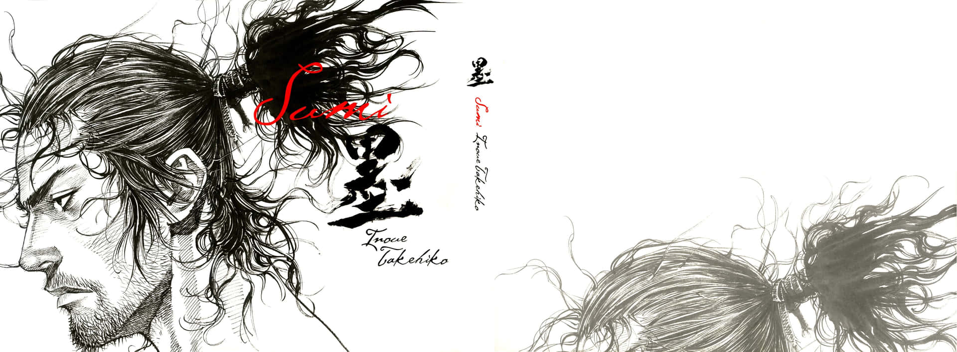 動漫角色，頭髮飄逸，以黑色墨水素描風格繪製，配有紅色文字。