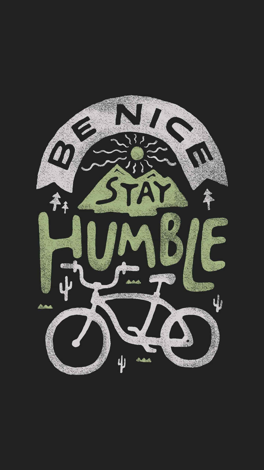 帶有單車和山脈的勵志粉筆藝術，寫著 be nice stay humble