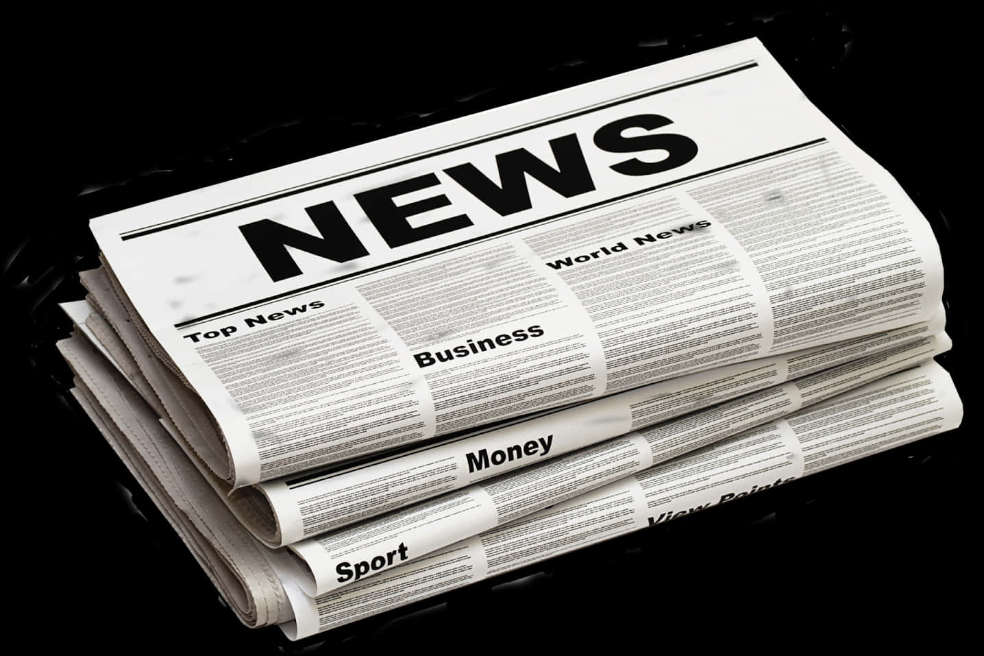 每日新聞報紙疊疊 壁紙 — 一堆摺疊報紙，帶有粗體標題如 Top News Business 和 Sport，置於深色反光表面上。
