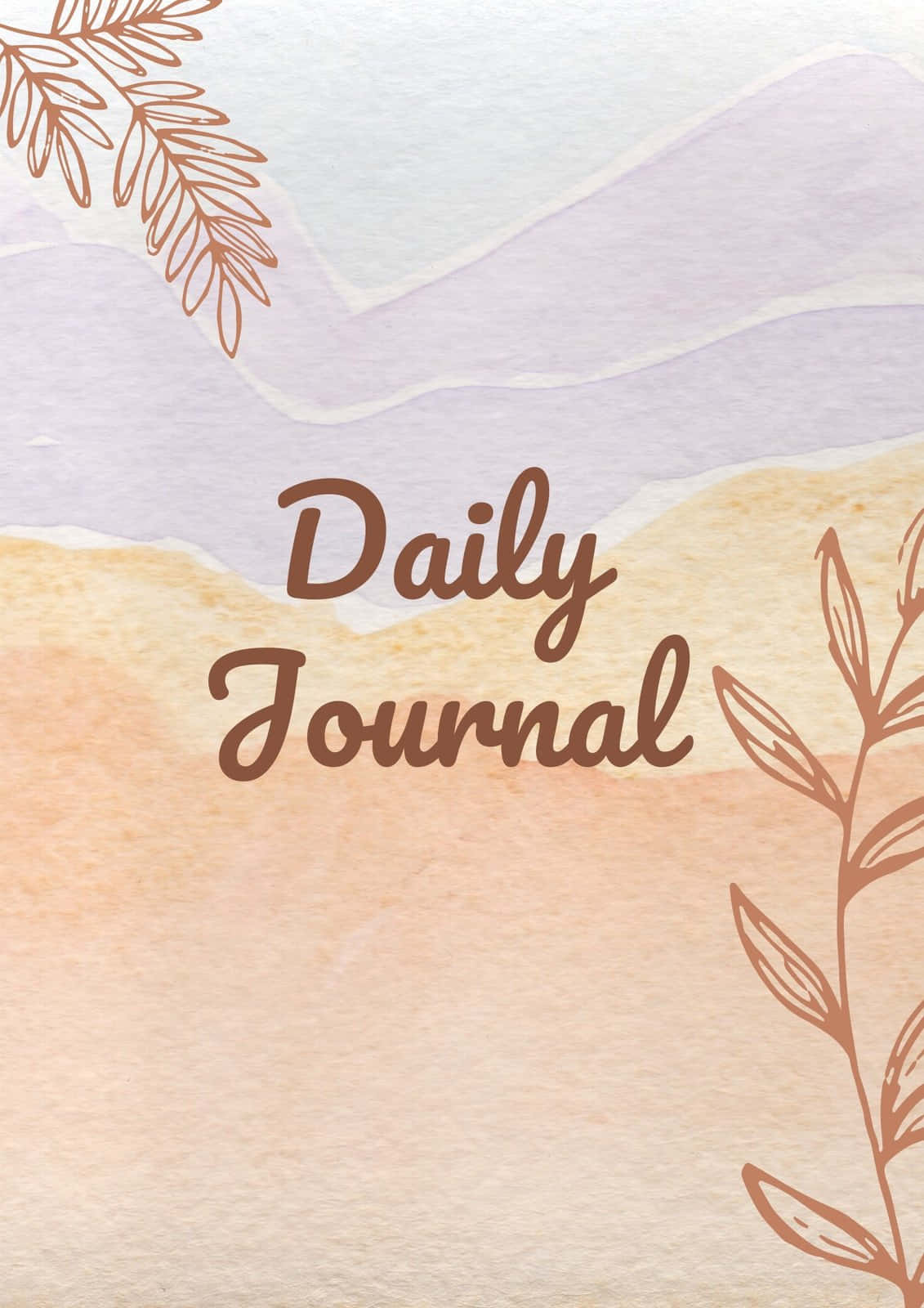 每日日記美學圖片 壁紙 — 柔和的水彩日記封面，'Daily Journal' 文字由精緻的棕色樹枝葉片環繞，背景為粉彩漸變色。