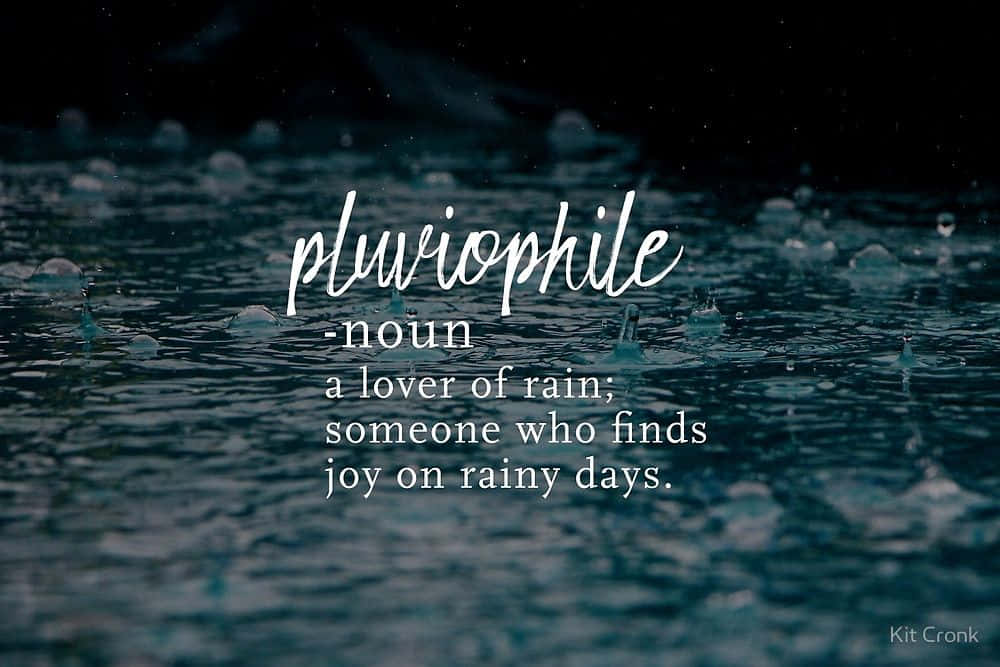 文字疊加將 pluviophile 定義為在黑暗的雨水表面上的雨水愛好者。
