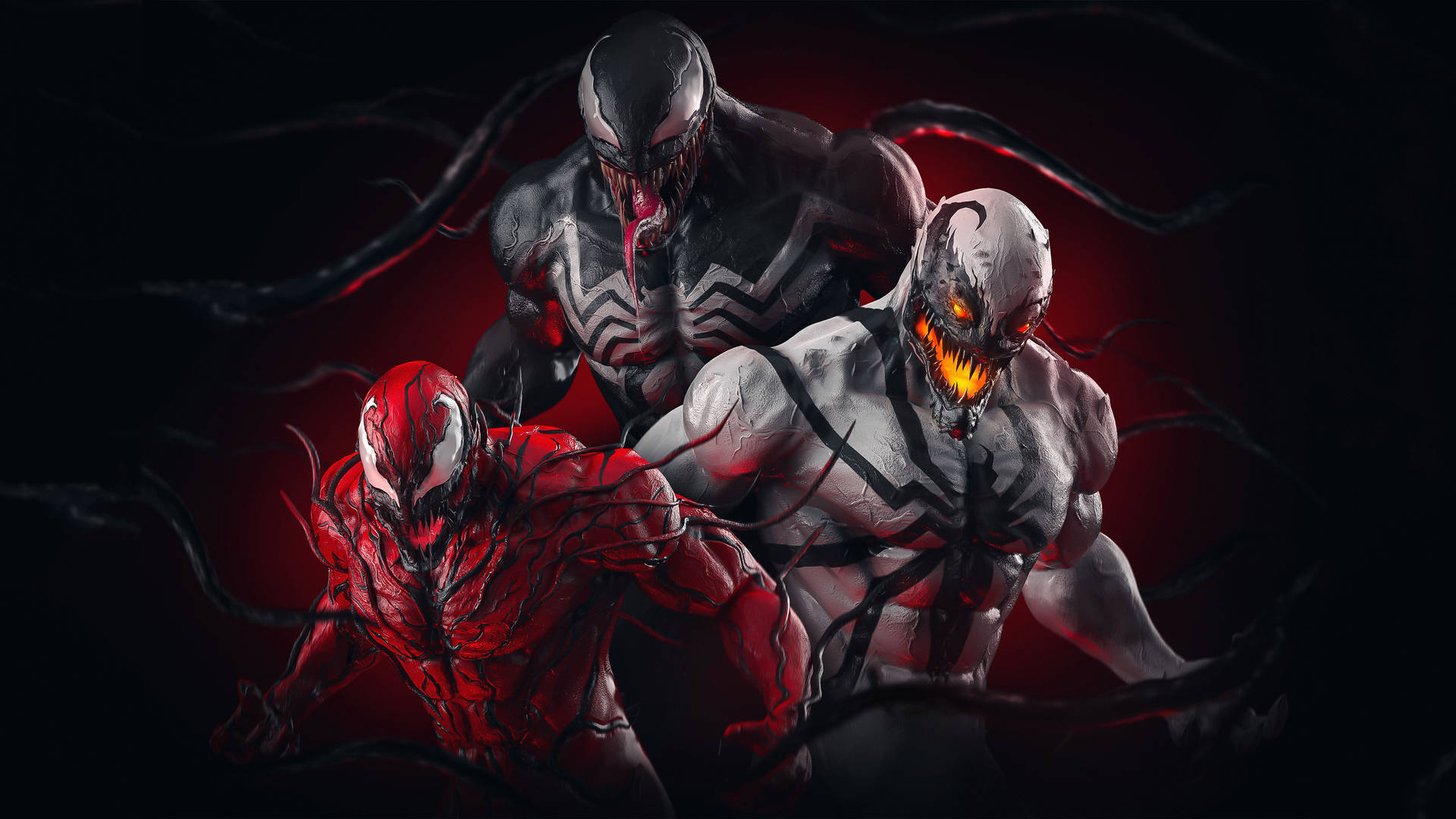 三個共生體角色 Venom Carnage 和另一個紅色共生體擺出黑暗侵略性的姿勢。