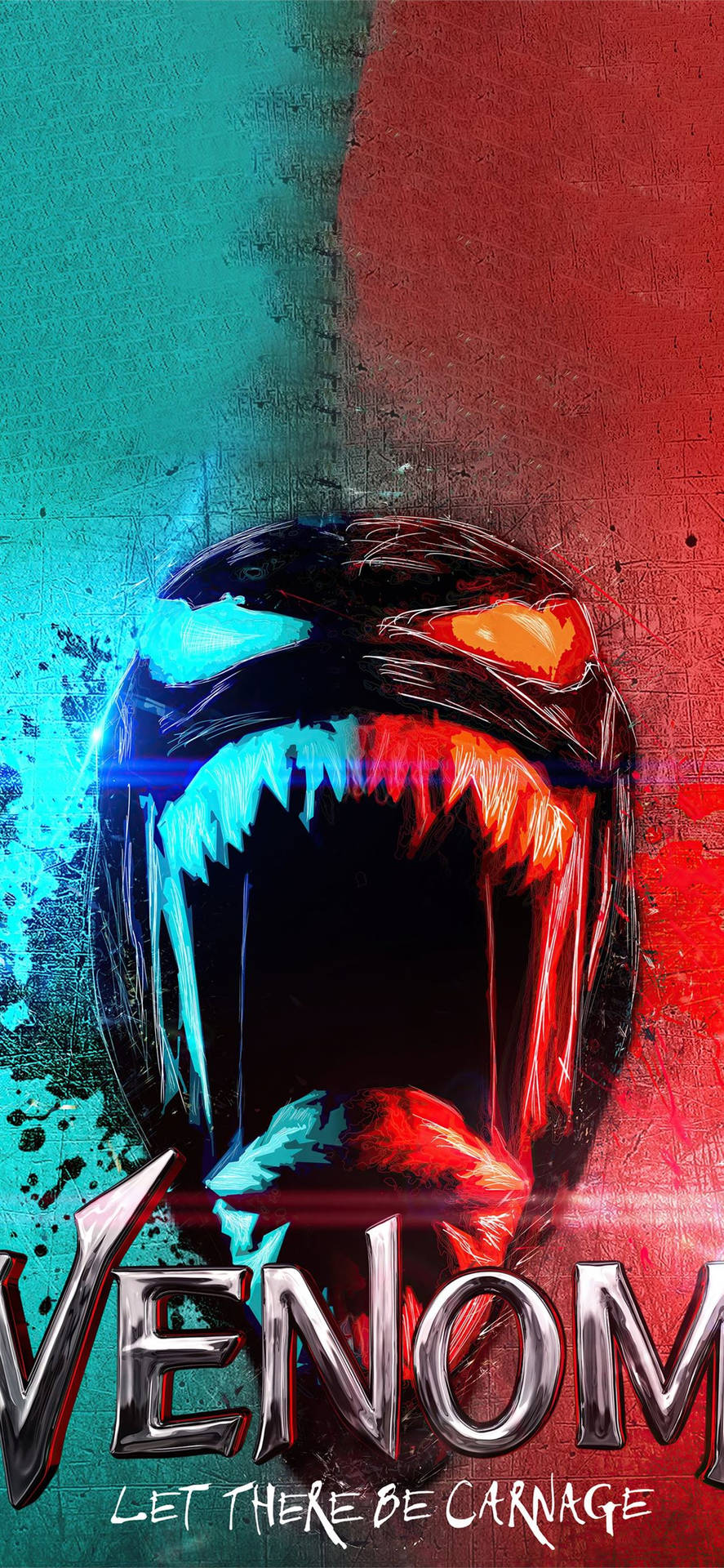 Venom 帶有發光眼睛和鋒利牙齒，背景為紅色和青色。