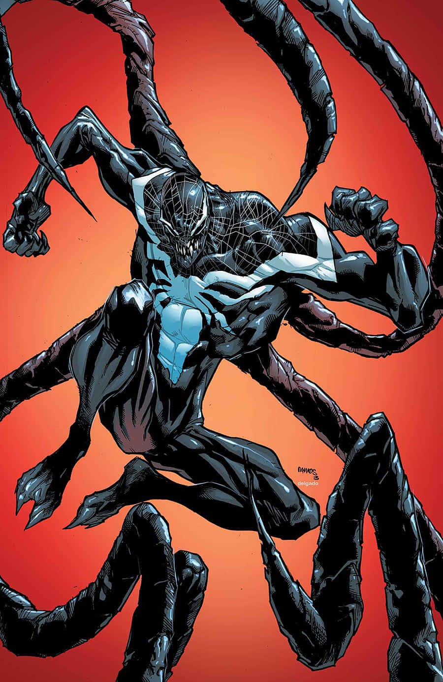 Superior Spider-man 桌布 壁紙 — 毒液以動態姿勢展現多條觸手，背景為火熱橙色。