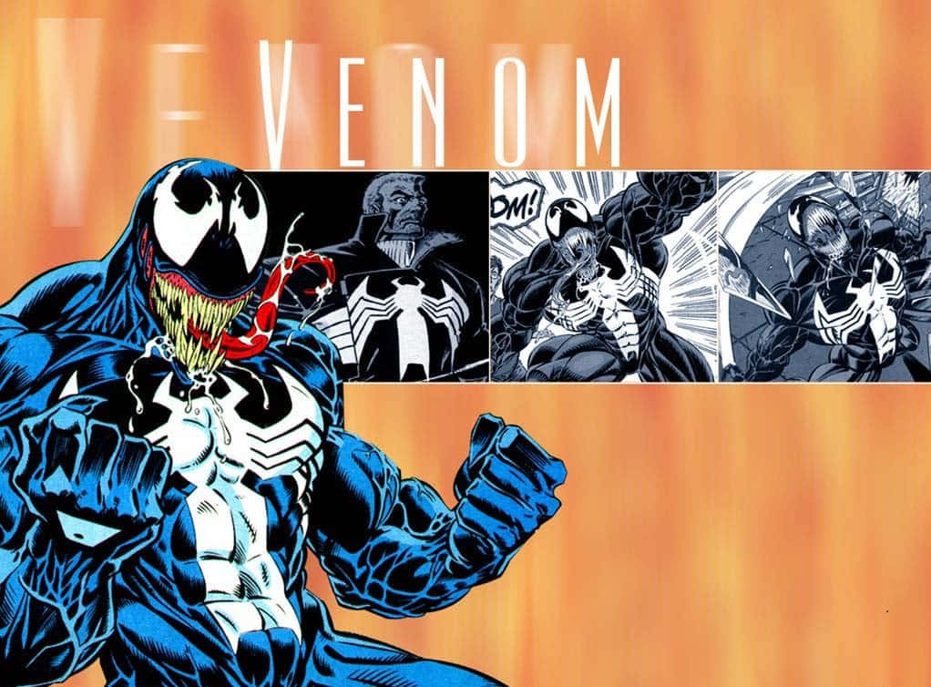 Venom Comic Book 桌布 壁紙 — 毒液以大膽的漫畫藝術風格威嚴地站立，動態面板展示了他的憤怒和力量，背景為橙色漸變。