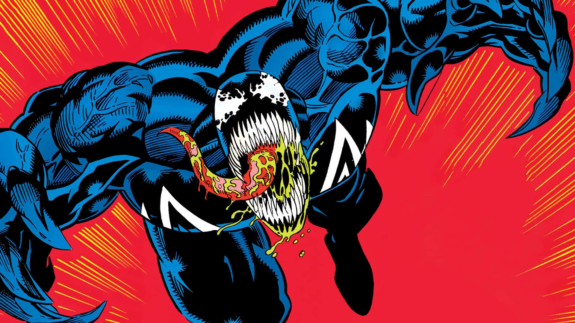 Venom Comic Book 桌布 壁紙 — 毒液咆哮著，發光的黃色毒液從他長滿尖牙的嘴裡滴落，背景是帶有黃色條紋的火紅色。