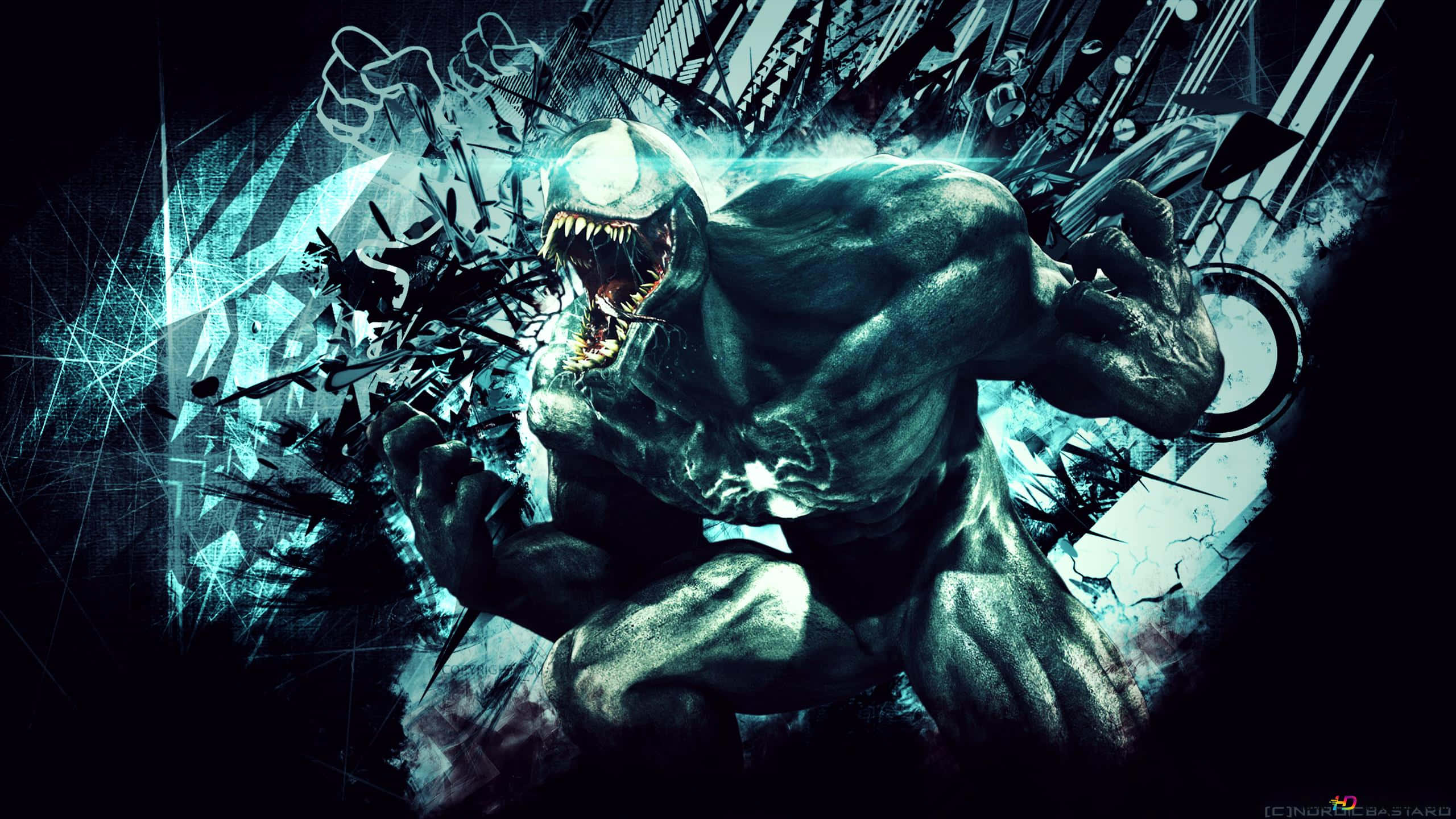 Symbiote 桌布 壁紙 — 毒液咆哮著，眼睛發光，牙齒鋒利，以動態漫畫風格衝破破碎的城市背景。