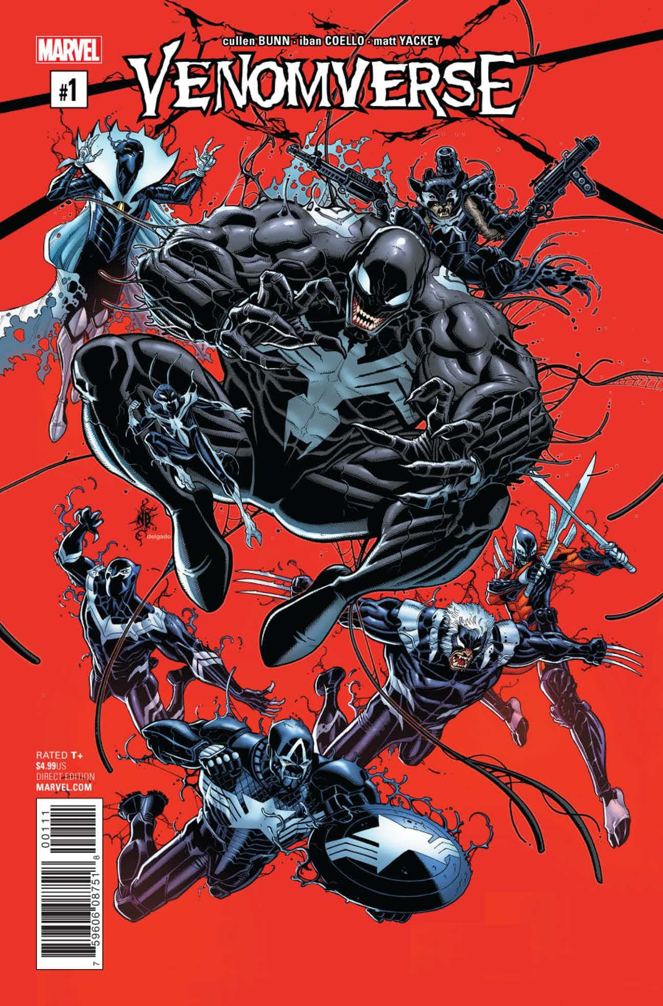 Venomverse 桌布 壁紙 — 毒液和其他共生體英雄在鮮紅色背景上以漫畫封面插圖的形式動態碰撞。