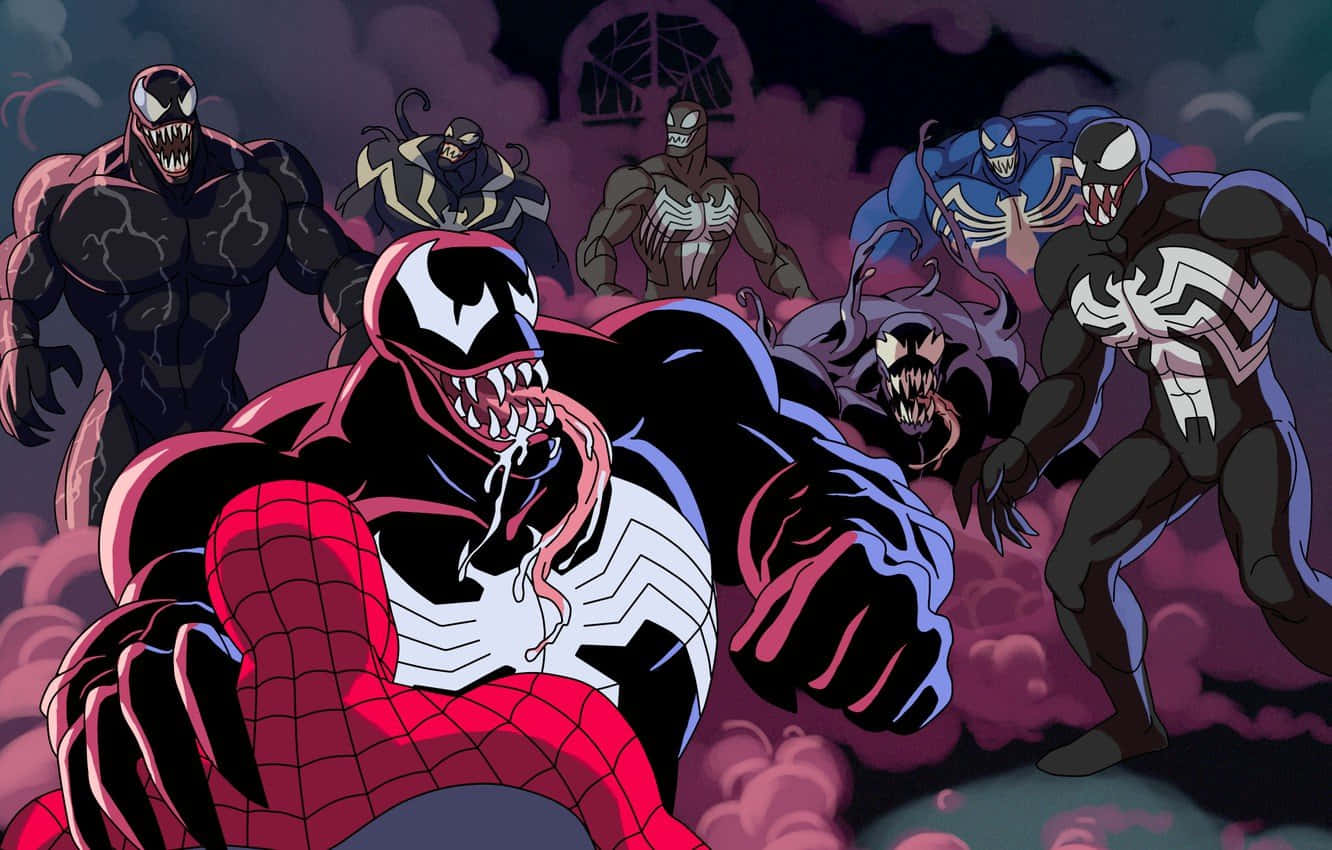 Venomverse 桌布 壁紙 — 毒液和多種共生體變種在黑暗風暴的環境中，威脅性地蜂擁在被打敗的蜘蛛俠上方。