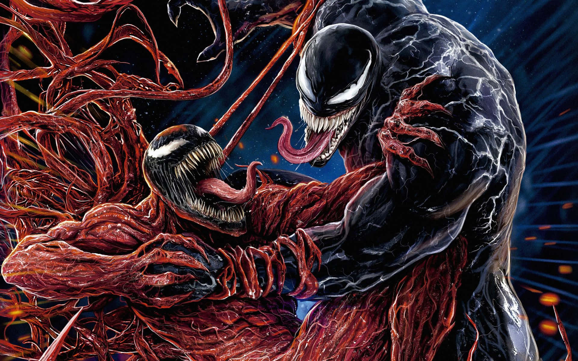 Carnage Vs Venom 桌布 壁紙 — 毒液和屠殺在動態漫畫戰鬥中，眼睛發光，共生體觸手扭動，背景是宇宙。