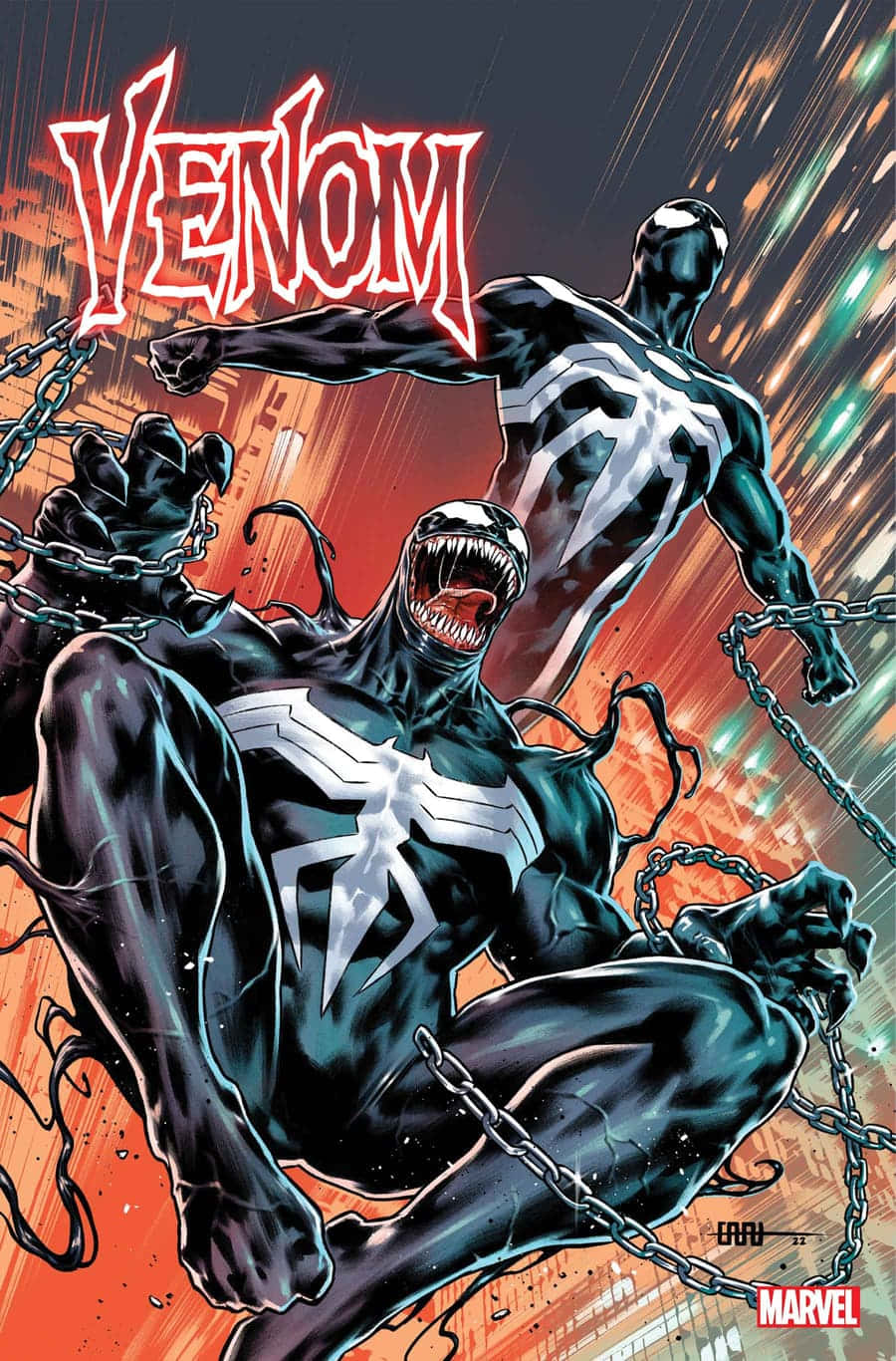 Venomized 桌布 壁紙 — 毒液和第二個共生體在火焰鎖鏈中戰鬥，背景是條紋城市景觀。