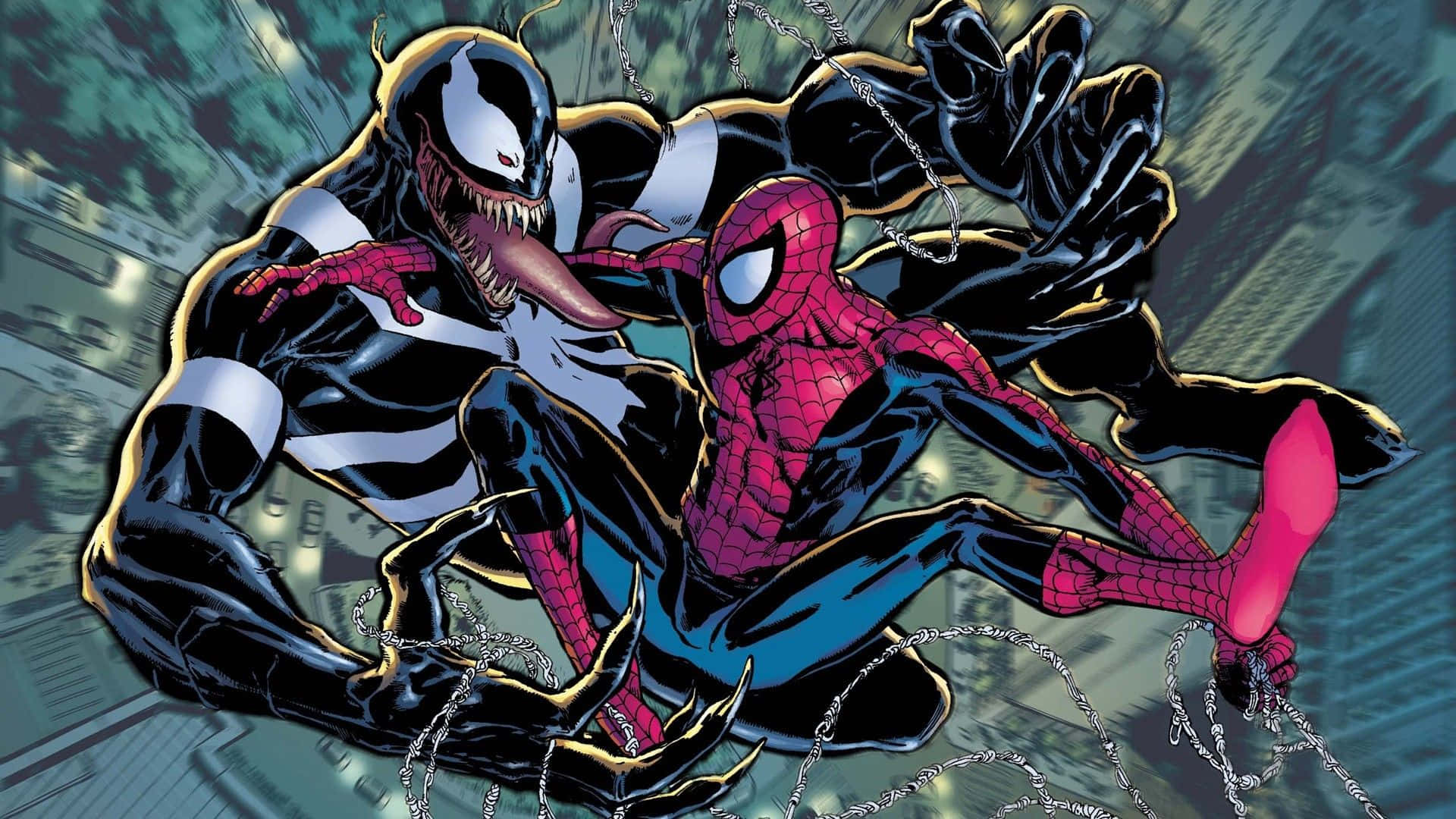 Sinister Six 桌布 壁紙 — 毒液在模糊的城市景觀上向蜘蛛俠猛撲，展開一場動態的漫畫戰鬥。