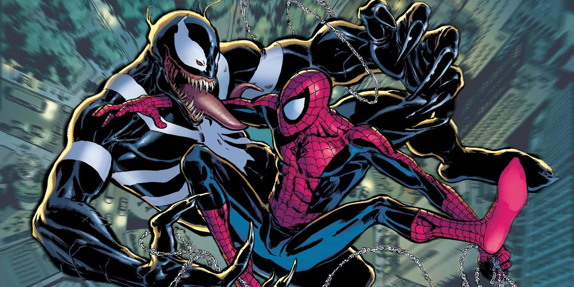 Venom Comic Book 桌布 壁紙 — 毒液在模糊的城市景觀上向蜘蛛俠猛撲，展開一場動態的漫畫書戰鬥。