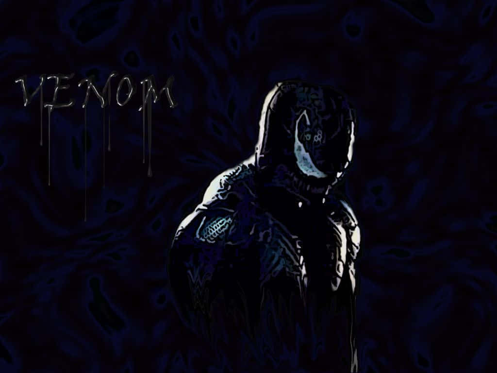 Scary Venom 桌布 壁紙 — 毒液在深藍色紋理背景中威風凜凜地站立，'VENOM' 字樣以金屬字體滴落。
