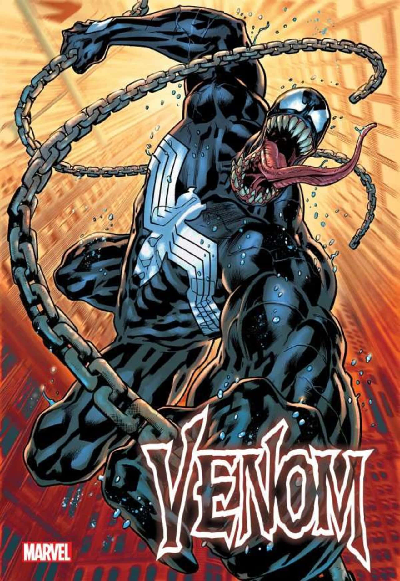Venomized 桌布 壁紙 — 毒液在火焰城市背景下揮舞巨大鎖鏈，展現動態漫畫藝術。