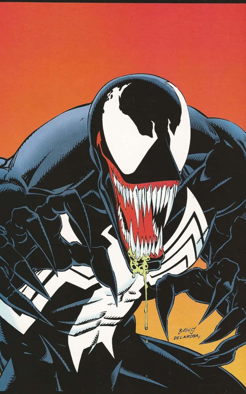 Venom Comic Book 桌布 壁紙 — 毒液在熾熱的橙色背景下威脅性地逼近，口中滴落黃色液體。
