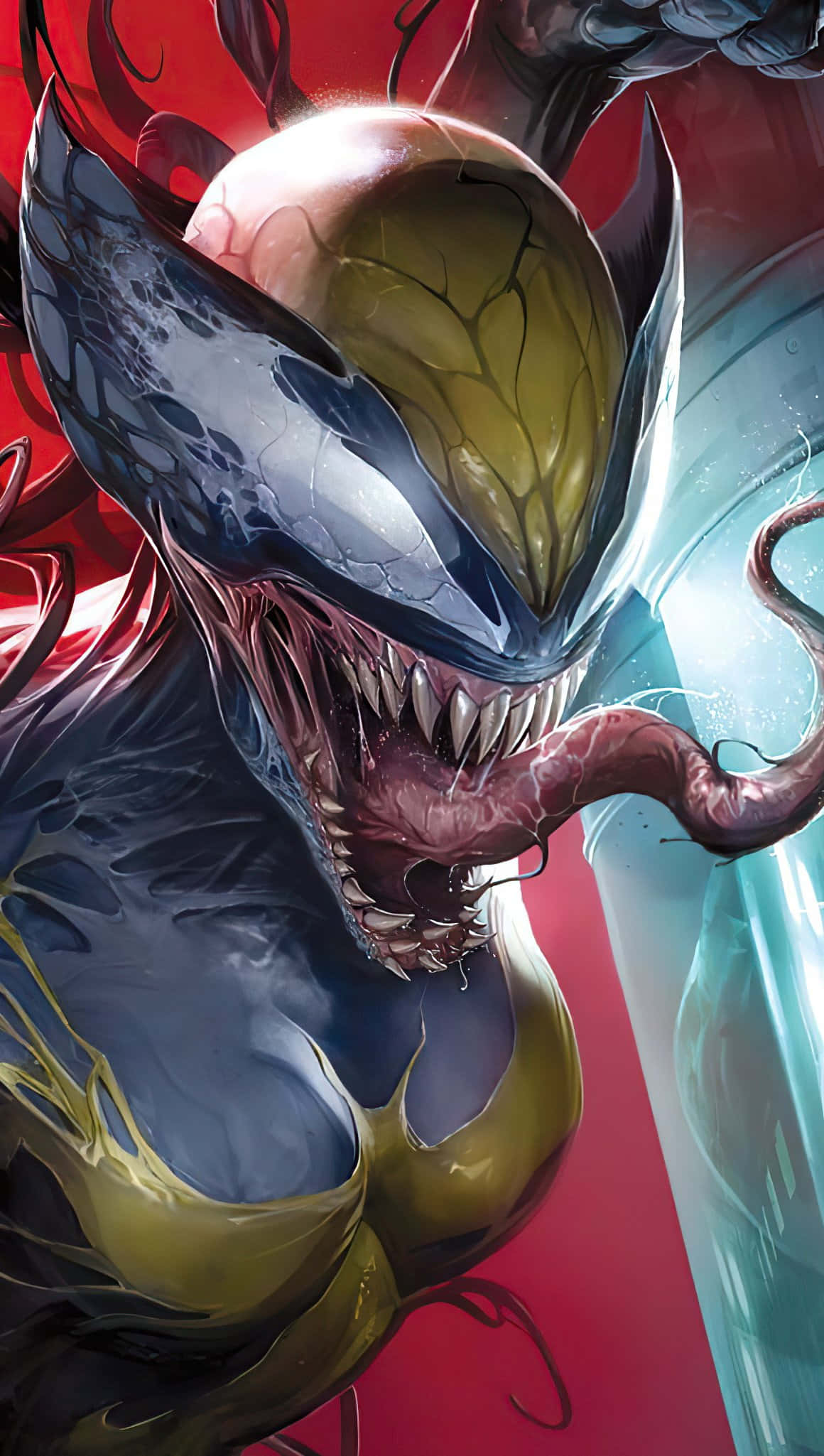 Venomverse 桌布 壁紙 — 毒液在紅藍背景上咆哮，露出發光的眼睛和鋒利的牙齒。