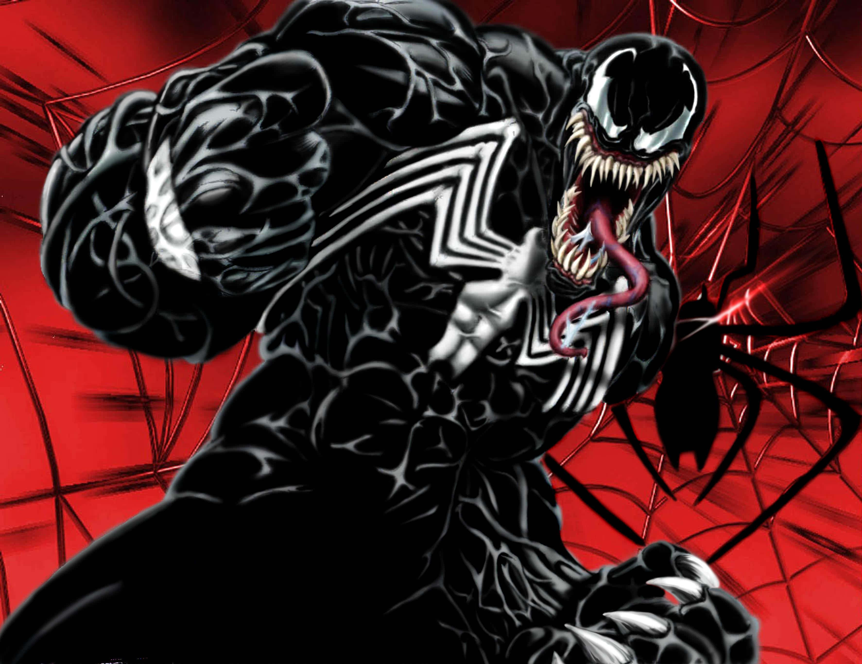 Venom Comic Book 桌布 壁紙 — 毒液在鮮紅色蜘蛛網背景上張牙舞爪咆哮的動態漫畫插圖。