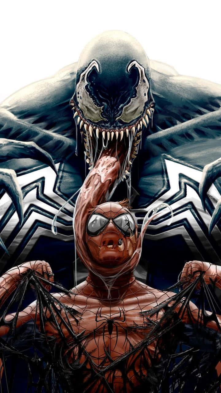 Venom Comic Book 桌布 壁紙 — 毒液在黑暗漫畫風格中，帶著滴落的共生體，威脅地籠罩在掙扎中的蜘蛛俠之上。