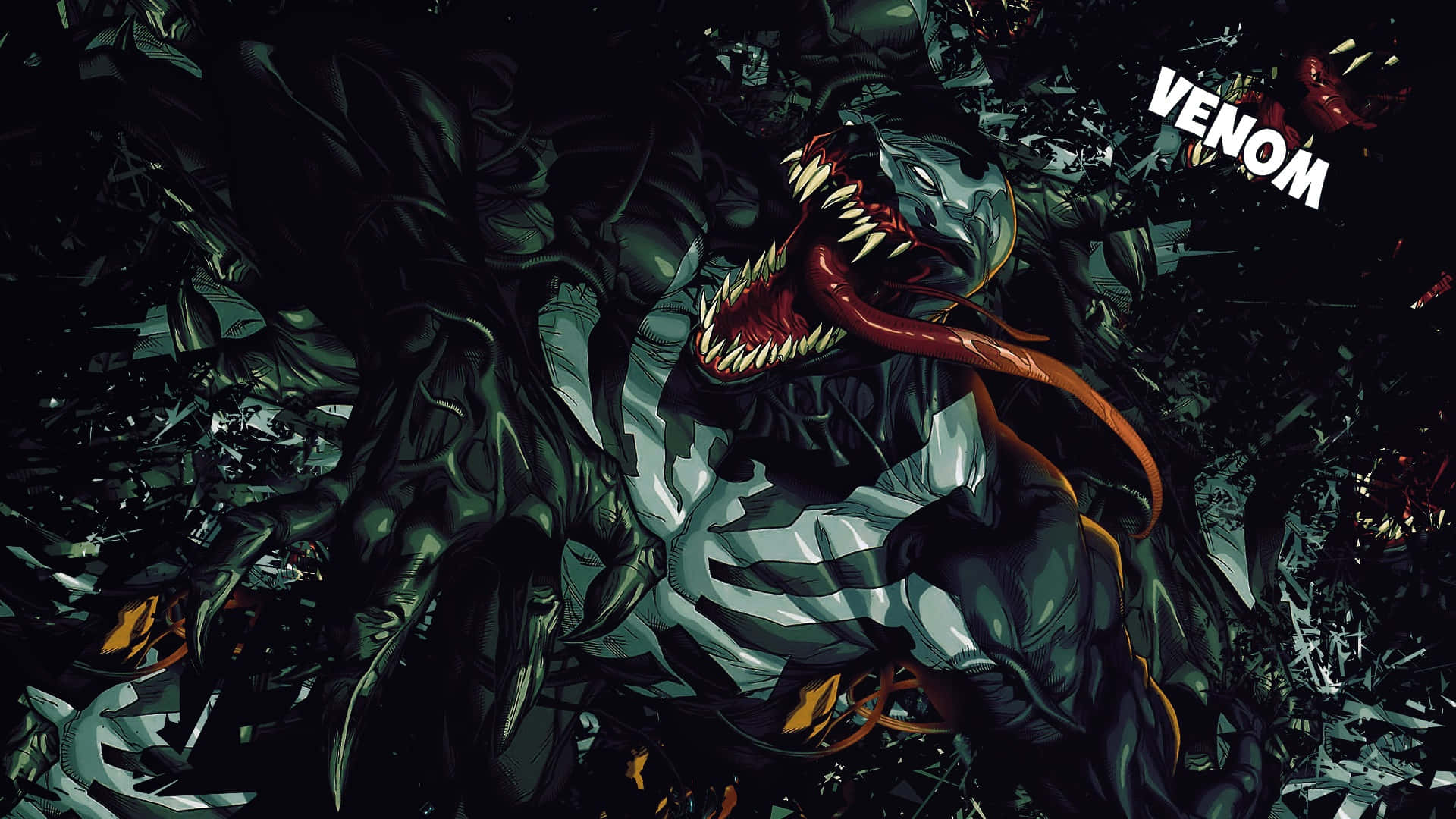 Scary Venom 桌布 壁紙 — 毒液在黑暗漫畫風格中，於破碎碎片間咆哮，露出發光的紅色舌頭。