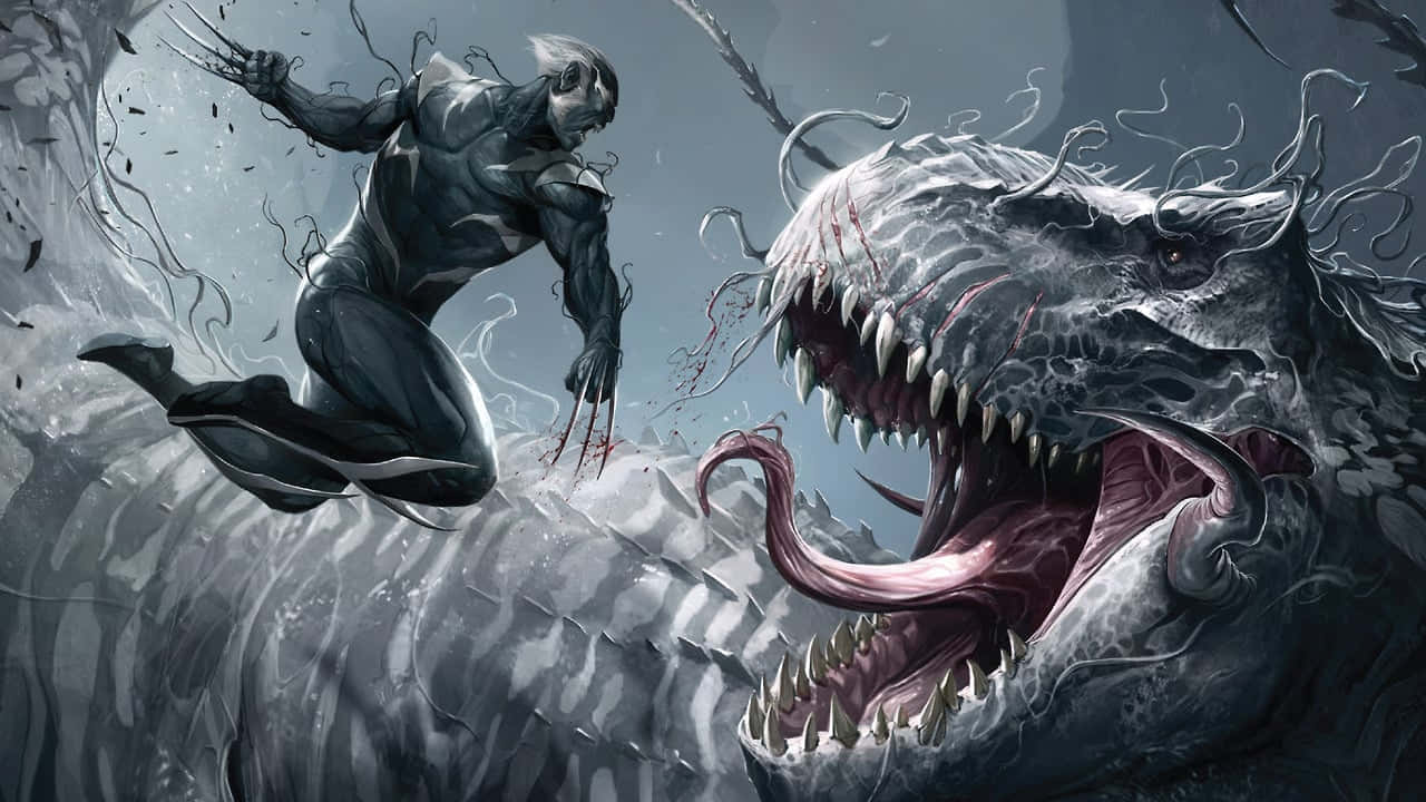 Venomverse 桌布 壁紙 — 毒液在黑暗風暴環境中躍入戰鬥，對抗一隻怪物般的共生體野獸。