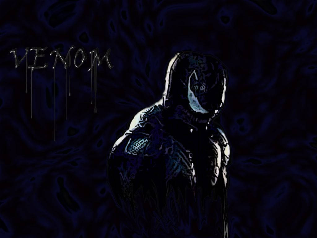 深藍色紋理背景上滴落的金屬文字與 Venom