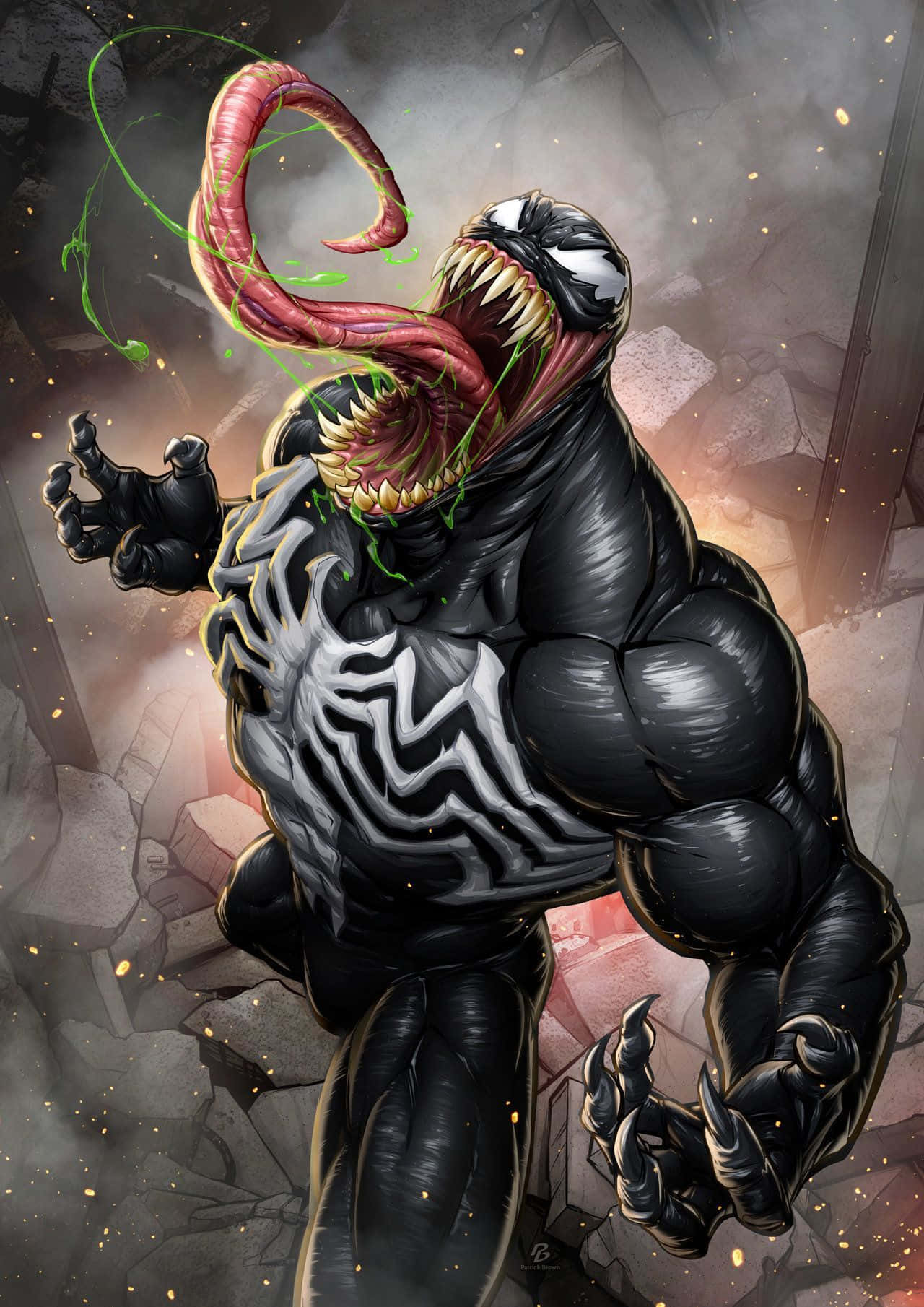 Venomized 桌布 壁紙 — 毒液張開血盆大口咆哮，舌頭上滴落綠色毒液，背景是破碎的城市。