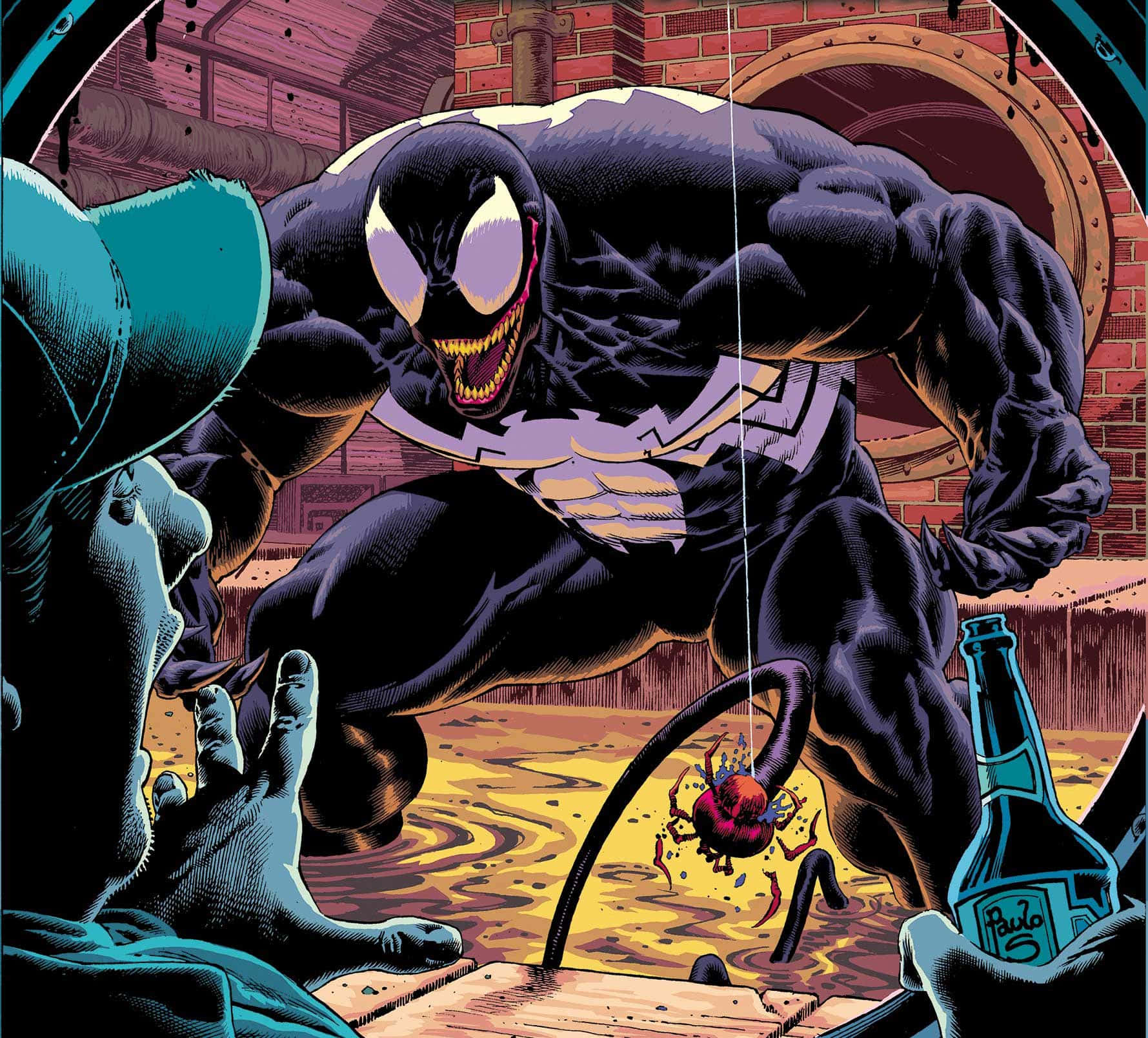 Venom Comic Book 桌布 壁紙 — 毒液從生鏽的管道中威脅性地撲出，在一個骯髒的工業環境中，下方有一個驚恐的人影。