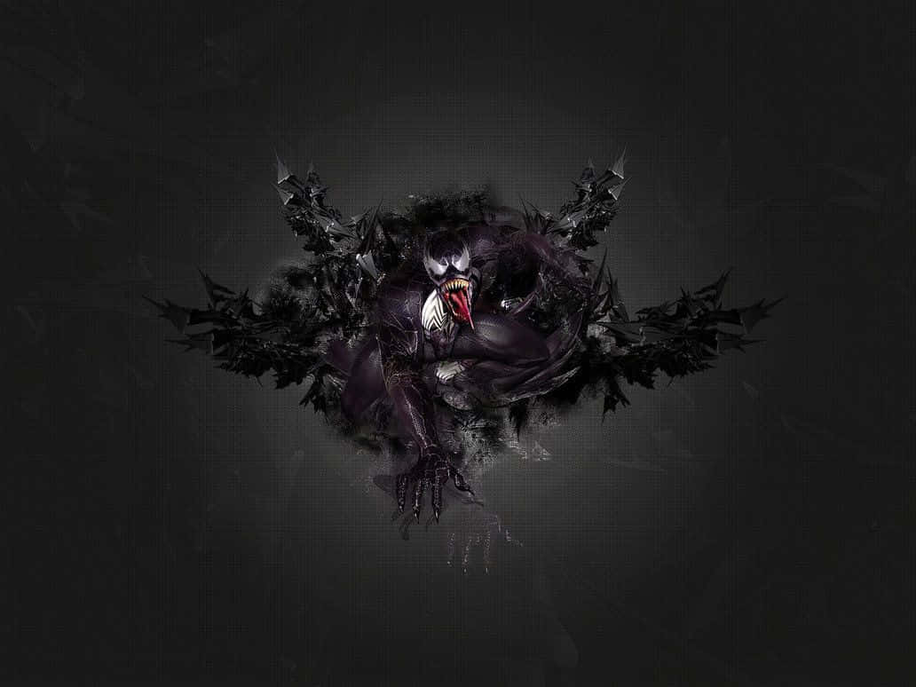 Scary Venom 桌布 壁紙 — 毒液從黑暗虛空中出現，帶有鋸齒狀黑色觸手和發光的紅色舌頭，姿勢兇猛。