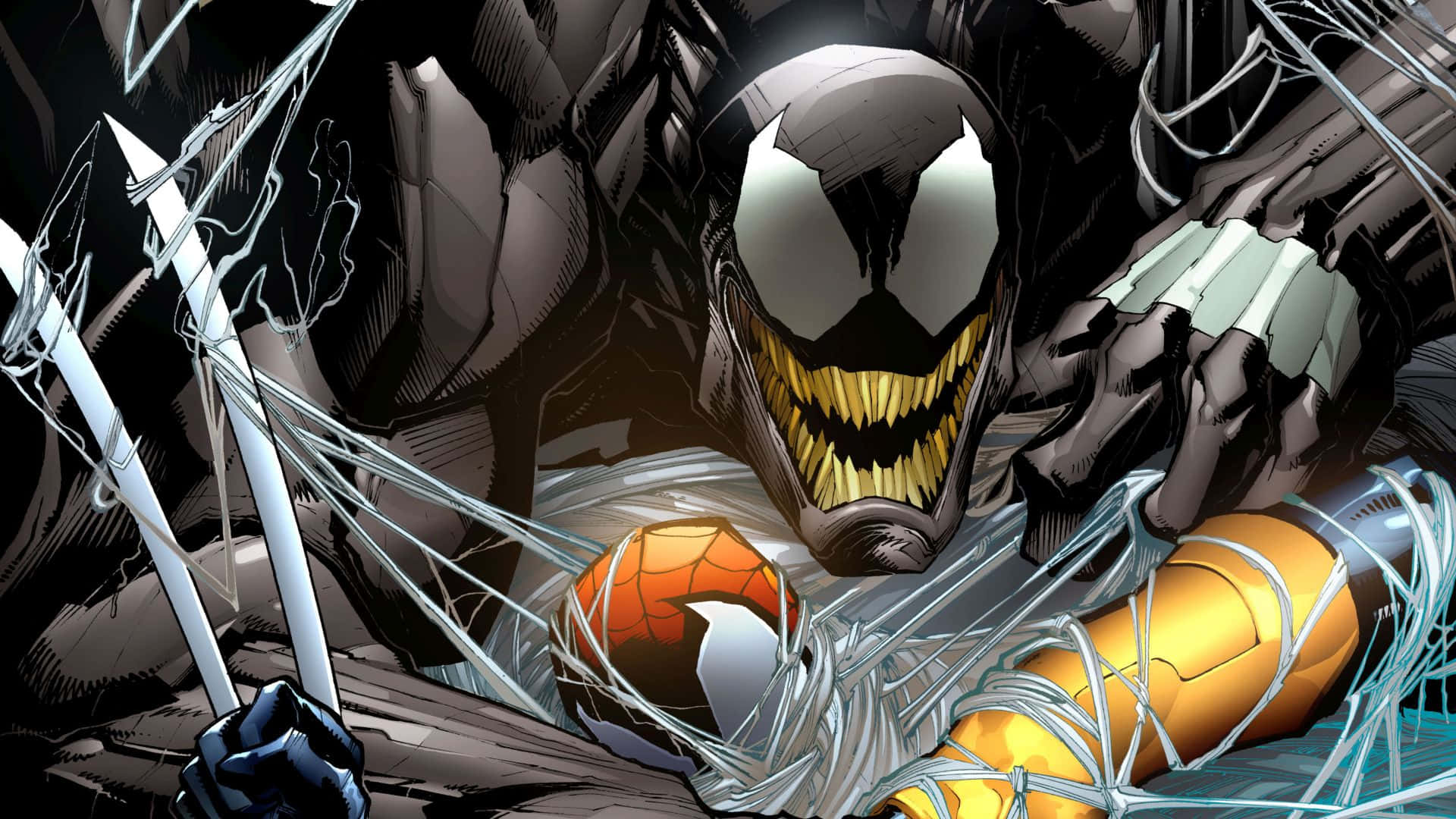 Venom Comic Book 桌布 壁紙 — 毒液用鋒利的觸手猛撲，蜘蛛俠被纏繞在一場混亂的漫畫戰鬥中。