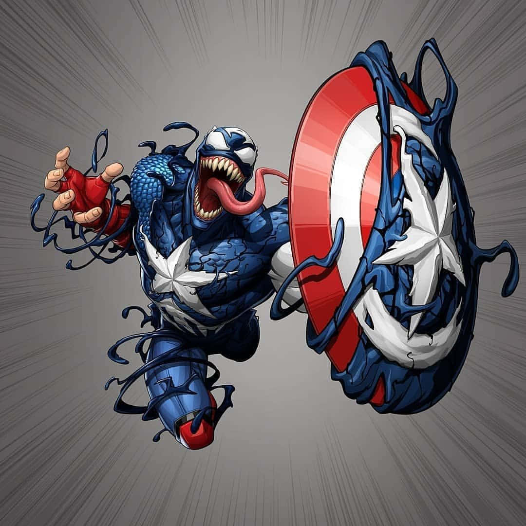Venomized 桌布 壁紙 — 毒液穿着美國隊長的戰衣，手持被共生體觸手覆蓋的盾牌，在灰色動態模糊背景前向前猛衝。