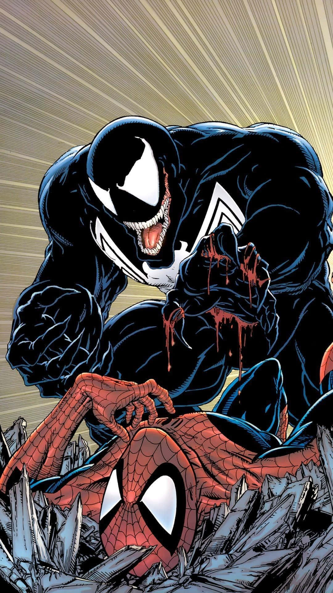Venom Comic Book 桌布 壁紙 — 毒液籠罩在擊敗的蜘蛛俠之上，周圍是破碎的瓦礫，爪子上滴著血。
